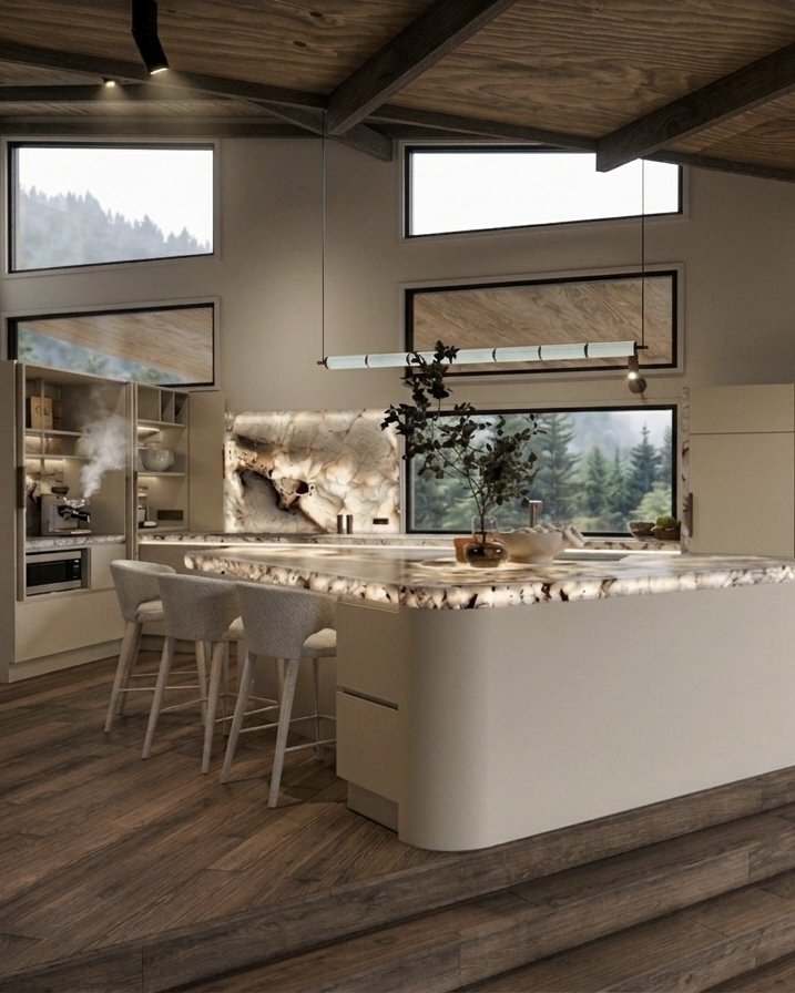 Vertical textured tile splashback and large picture window with natural landscape views — modern mountain chalet kitchen renovation