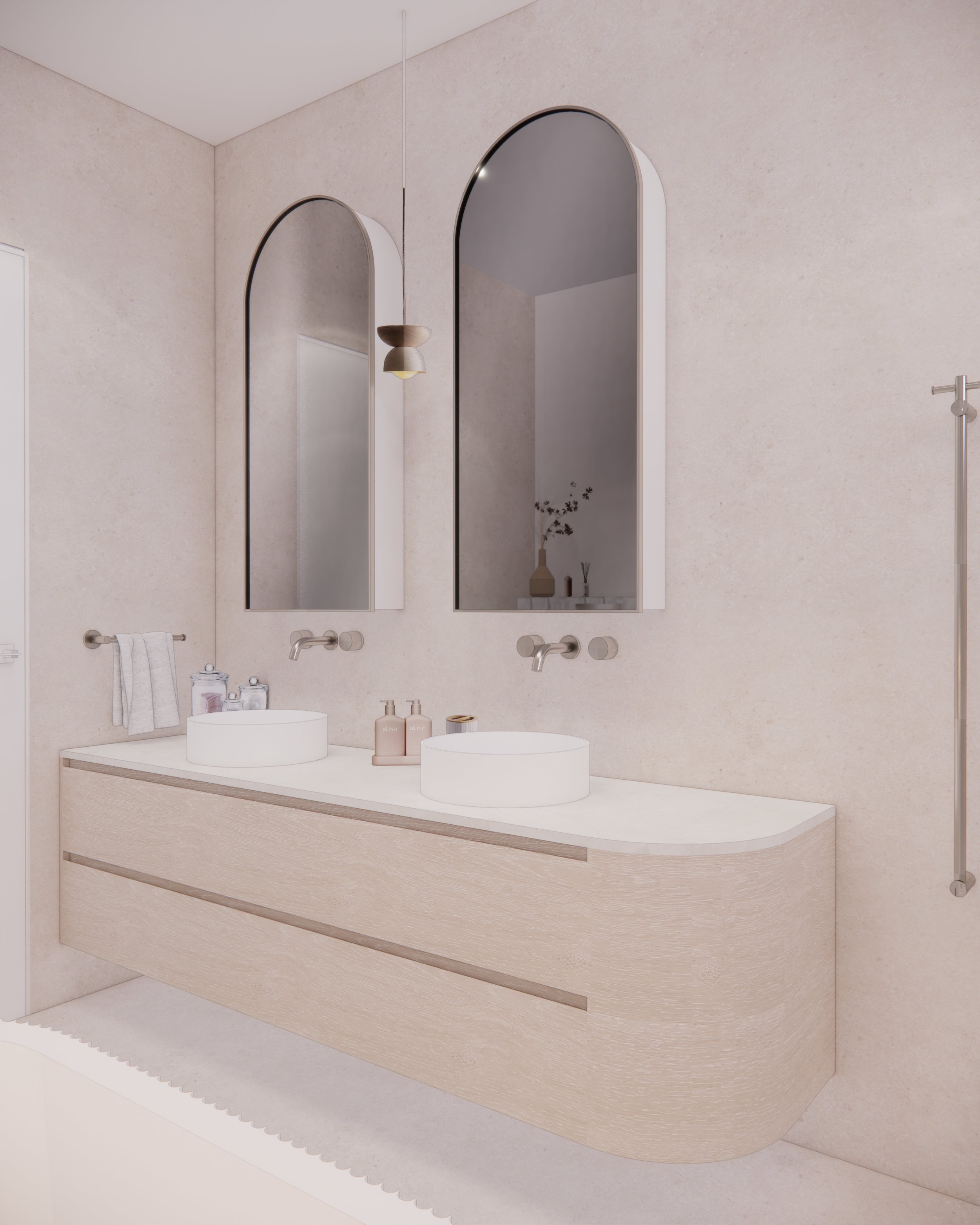 Contemporary kid's bathroom with double vanity, enclosed shower, and bathtub with a niche