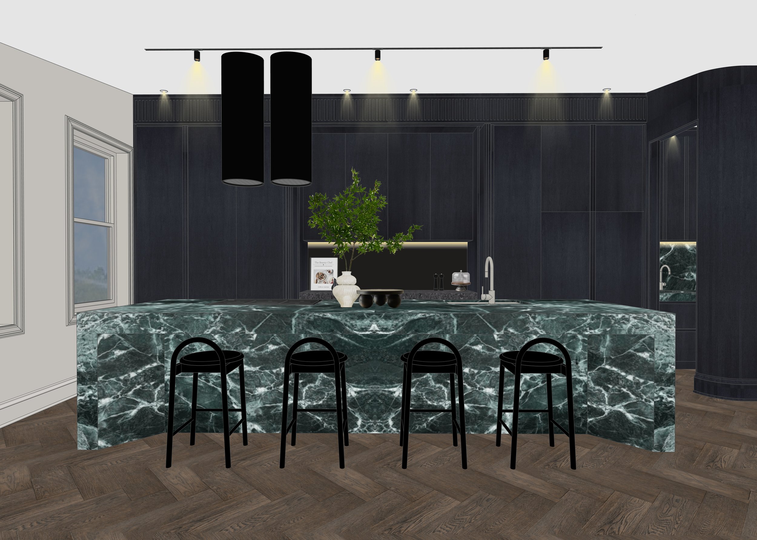 Full kitchen view showing dark joinery, green marble island, and sculptural lighting in Sydney terrace
