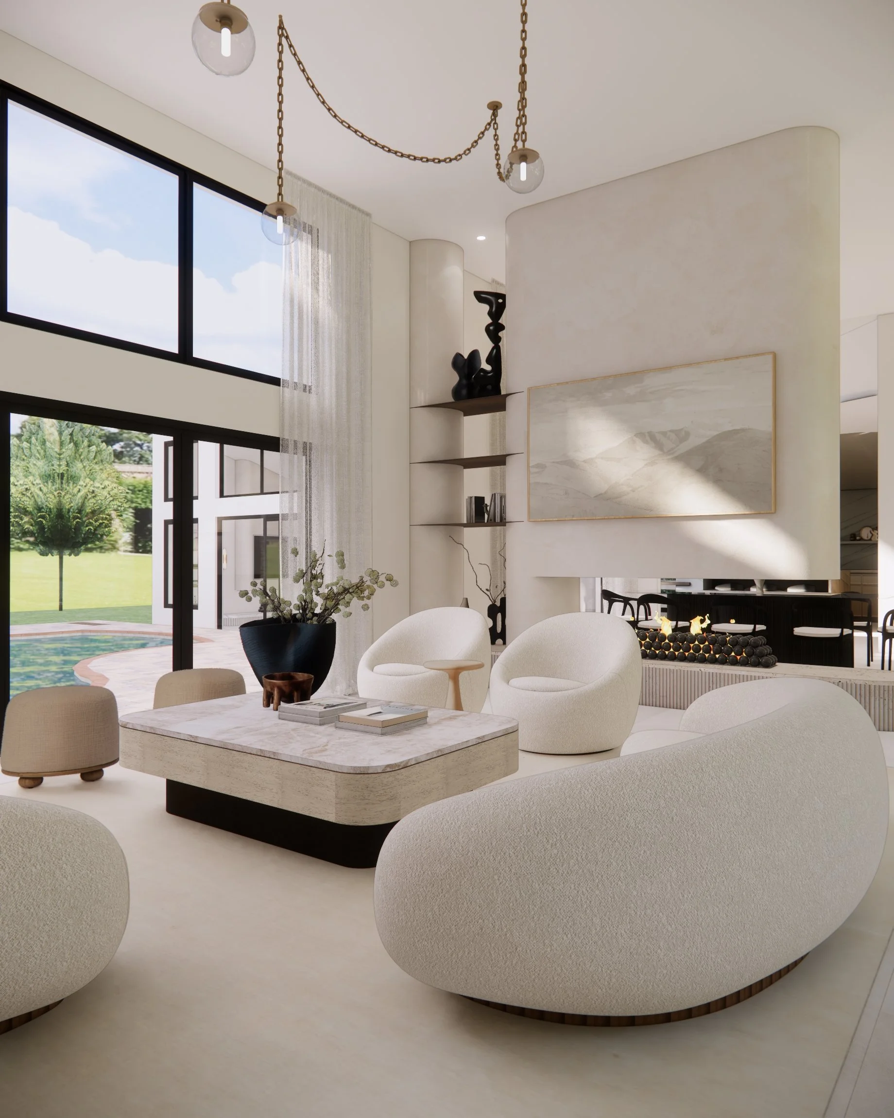 Modern minimal family room with sculpted plaster fireplace and seating bench and bar in Miami, Florida