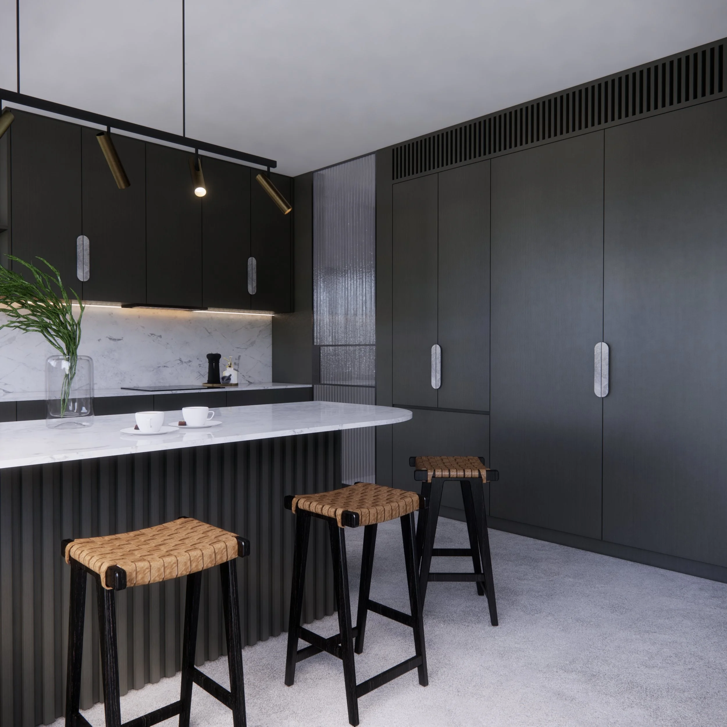 Fluted kitchen island with stone countertop in modern family home