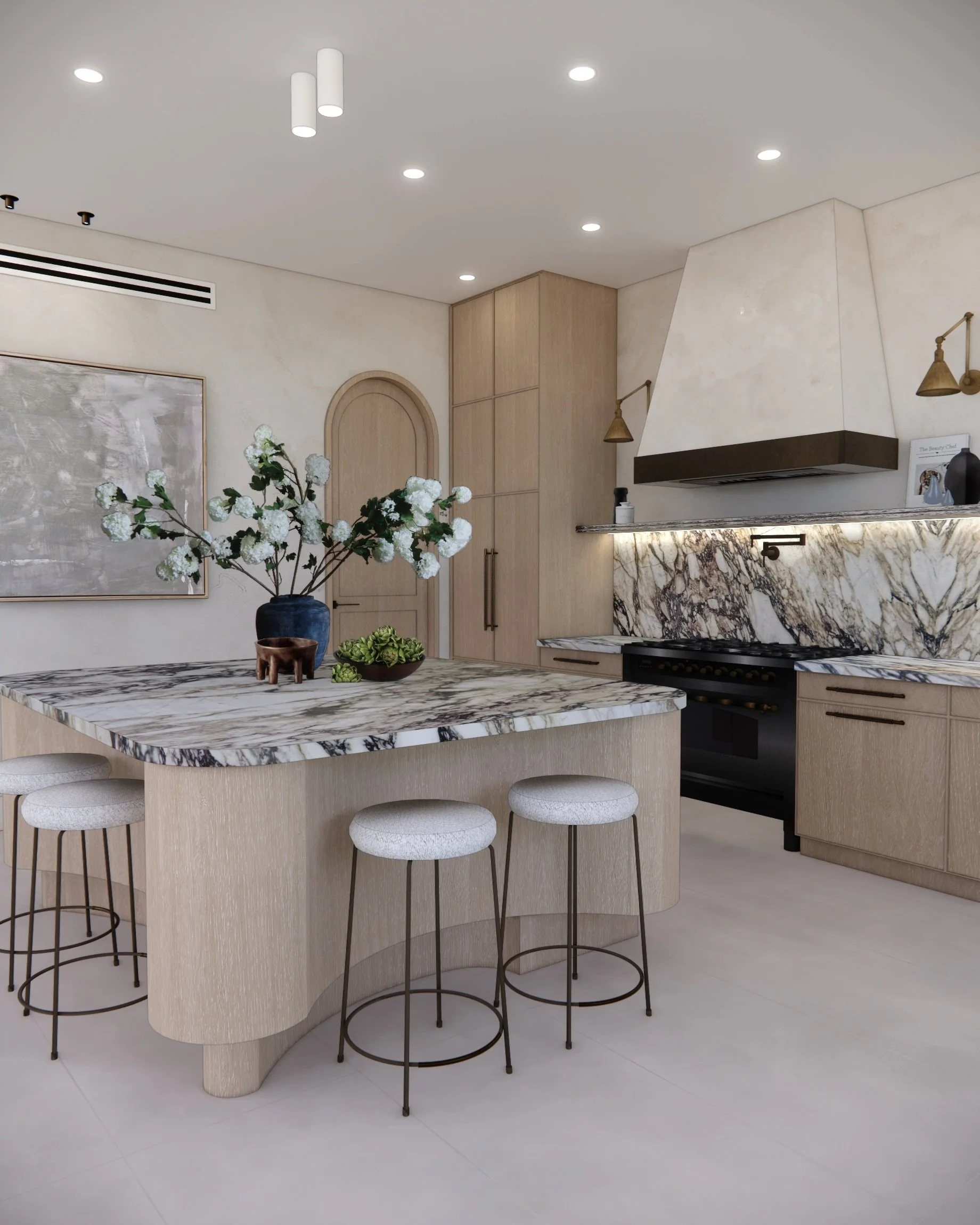 Sculptural kitchen with Calacatta Viola marble island, pale timber joinery, and brass wall lights in a contemporary Sydney home