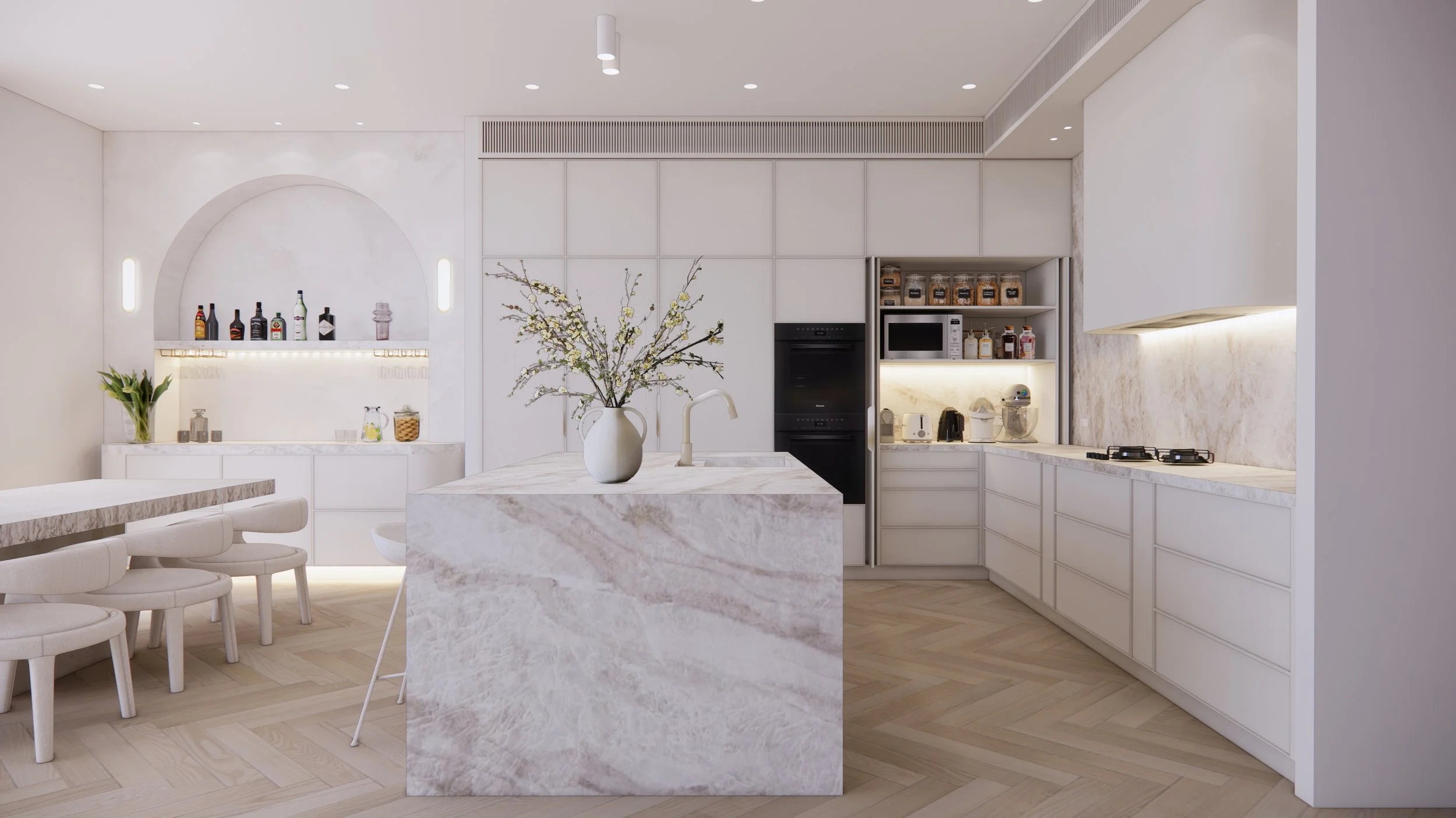 Softly textured kitchen interior with natural stone, neutral cabinetry, and ambient lighting