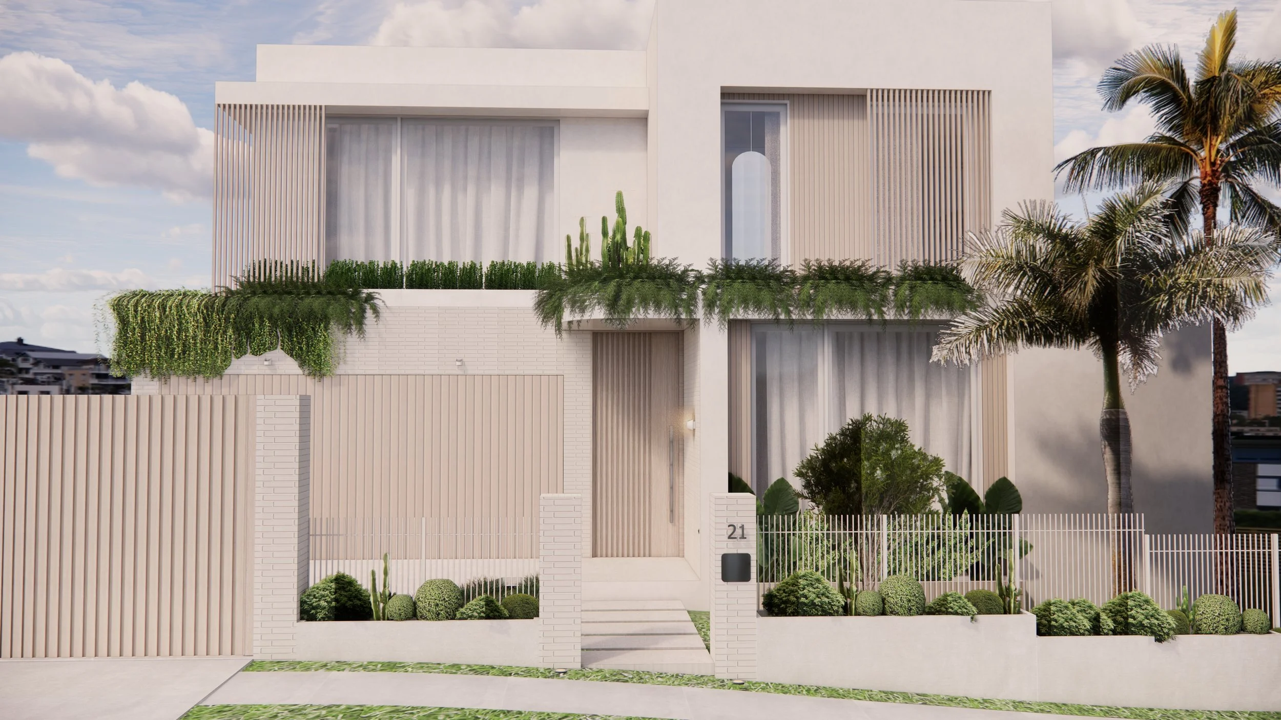 Contemporary facade in a minimal-luxe Melbourne home.