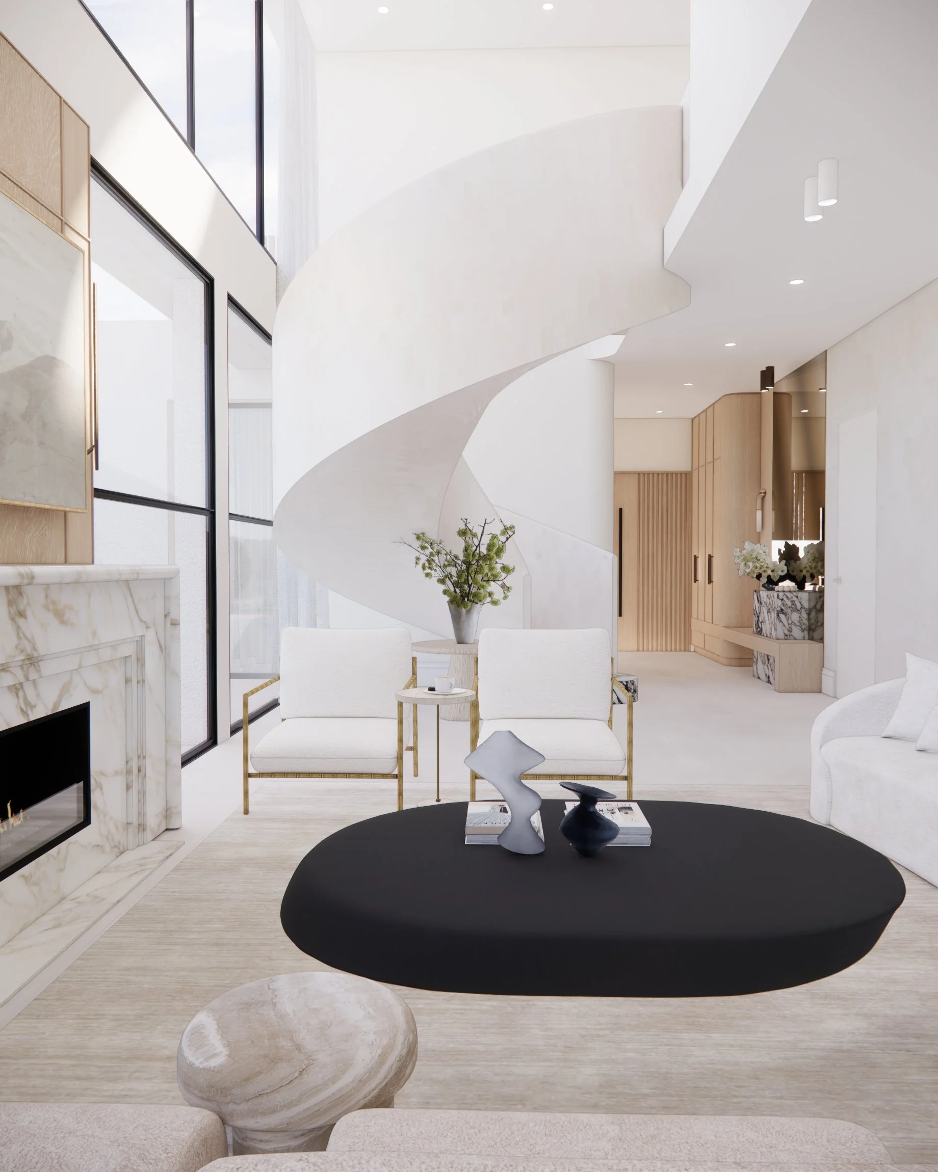 Contemporary living room with marble fireplace, curved staircase, and oversized neutral seating in a Sydney new-build