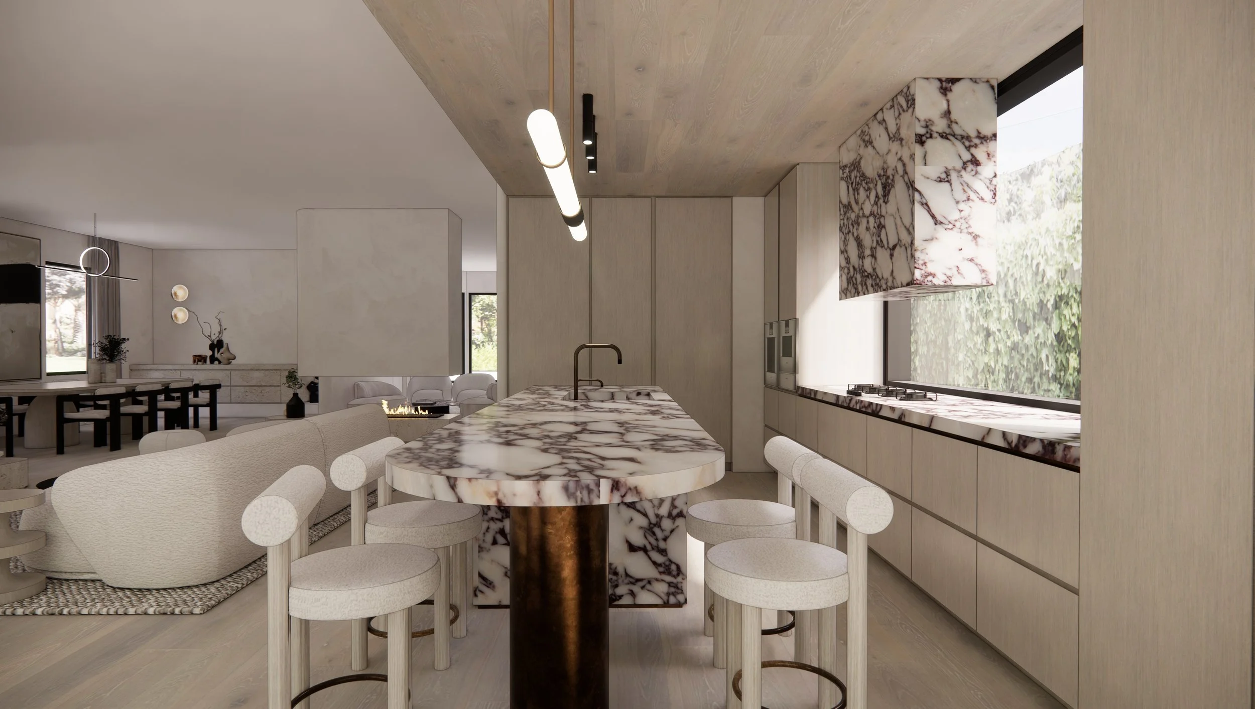Kitchen design featuring Calacatta Viola stone island and warm timber cabinetry