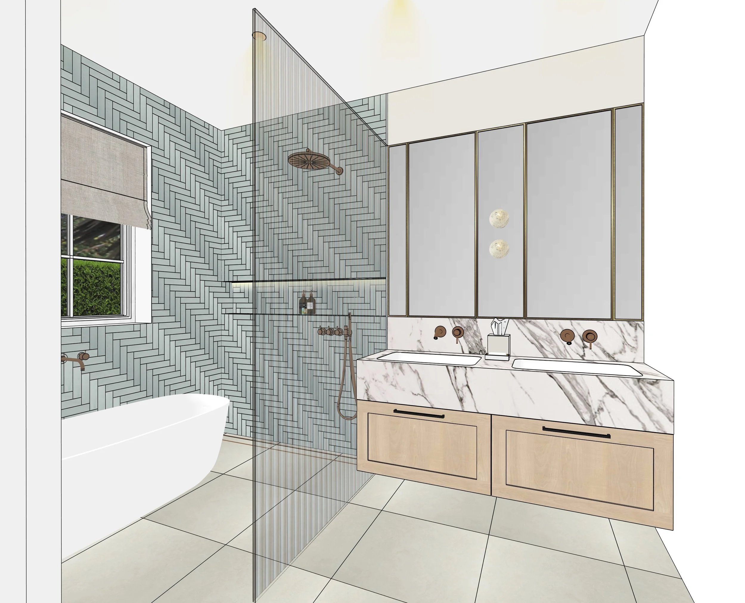Modern farmhouse primary ensuite with freestanding bath, double vanity and natural stone finishes in Brisbane