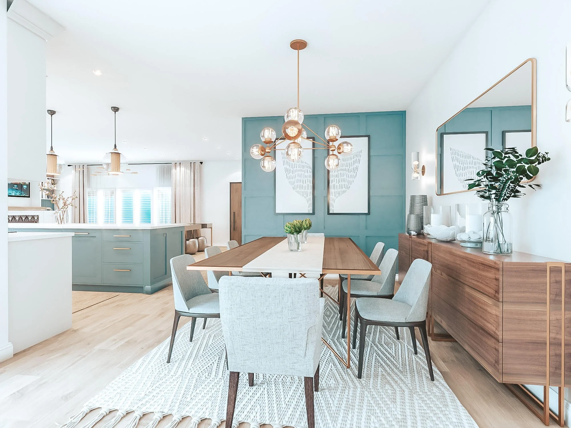 Hamptons coastal interior with white cabinetry, teal accents and modern coastal styling