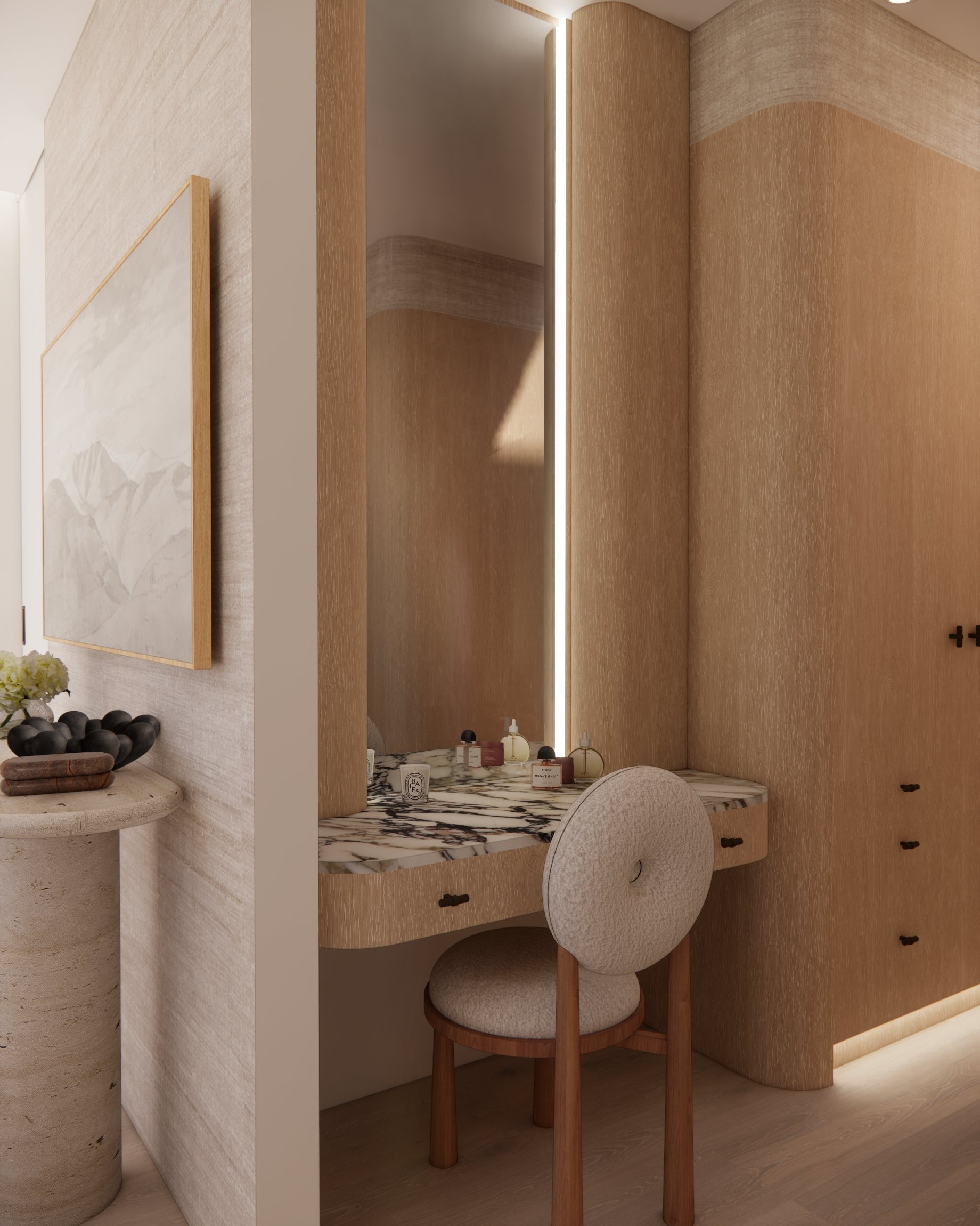 Warm Scandinavian-inspired Walk-in-Closet joinery with curved cabinetry and marble make-up desk in a contemporary Sydney residence