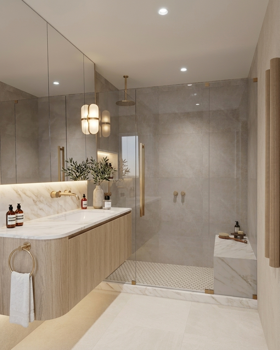 Modern primary bathroom, stone vanity, shower bench seating, shower stone niche with LED, condo remodel in Miami, designed by TID Studio 
