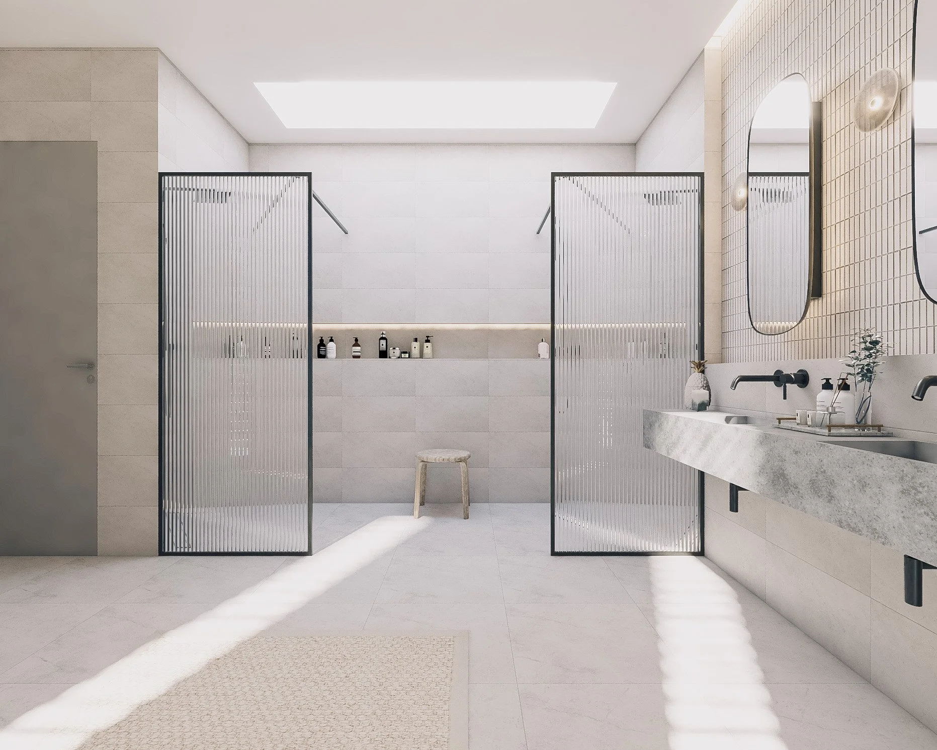 Double shower with reeded glass panels and skylight in a luxury Gold Coast bathroom