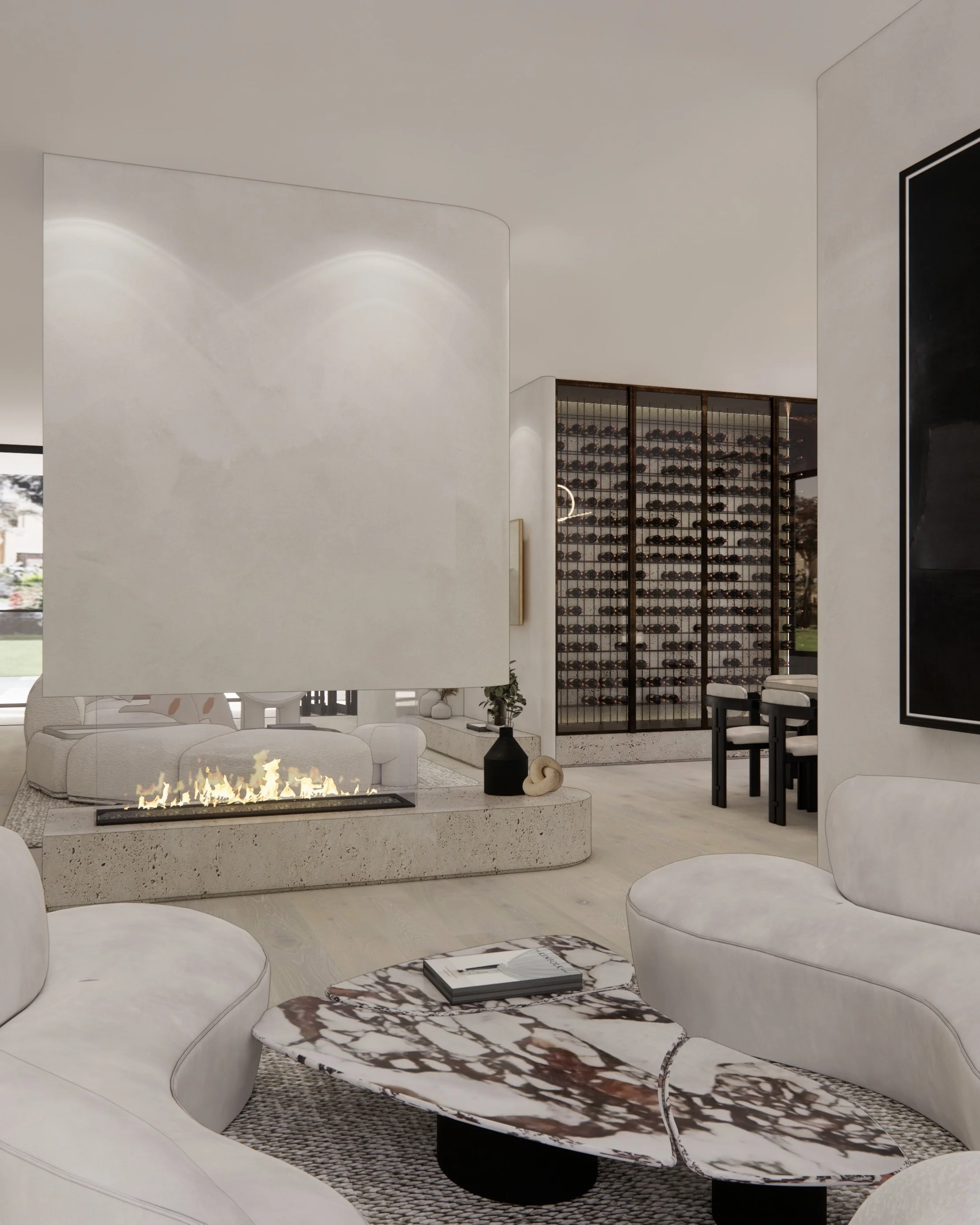 Sitting room with curved walls and sculptural fireplace design
