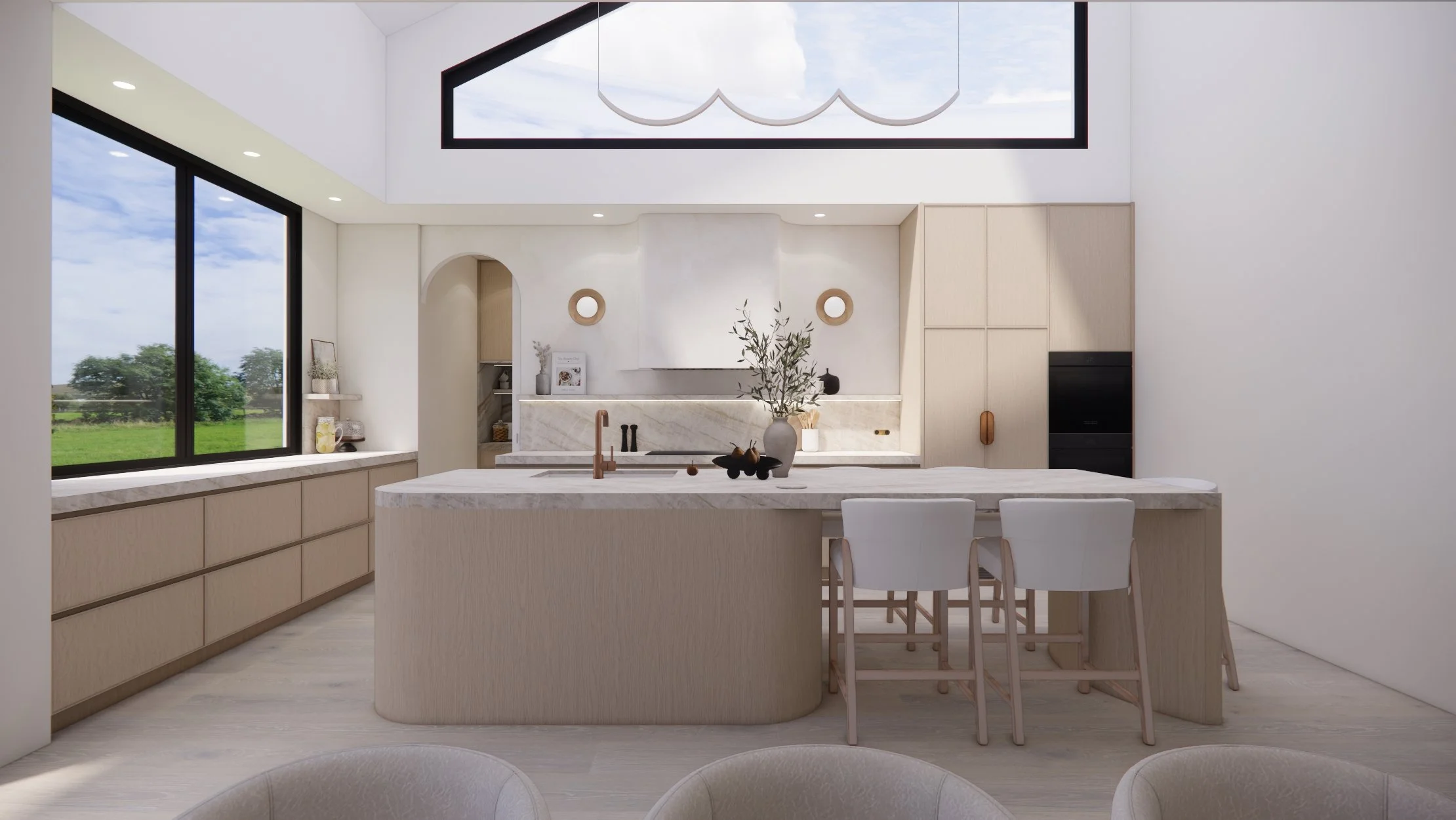 Luxury open-plan kitchen with natural oak cabinetry, stone island and skylight in a contemporary new build