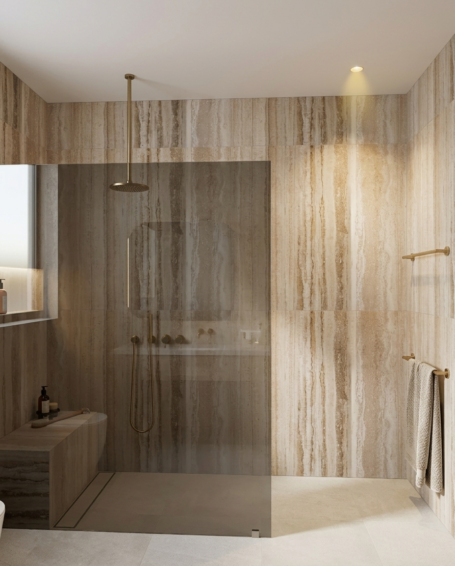 Modern primary bathroom, stone vanity, shower bench seating, shower stone niche with LED, condo remodel in Miami, designed by TID Studio 