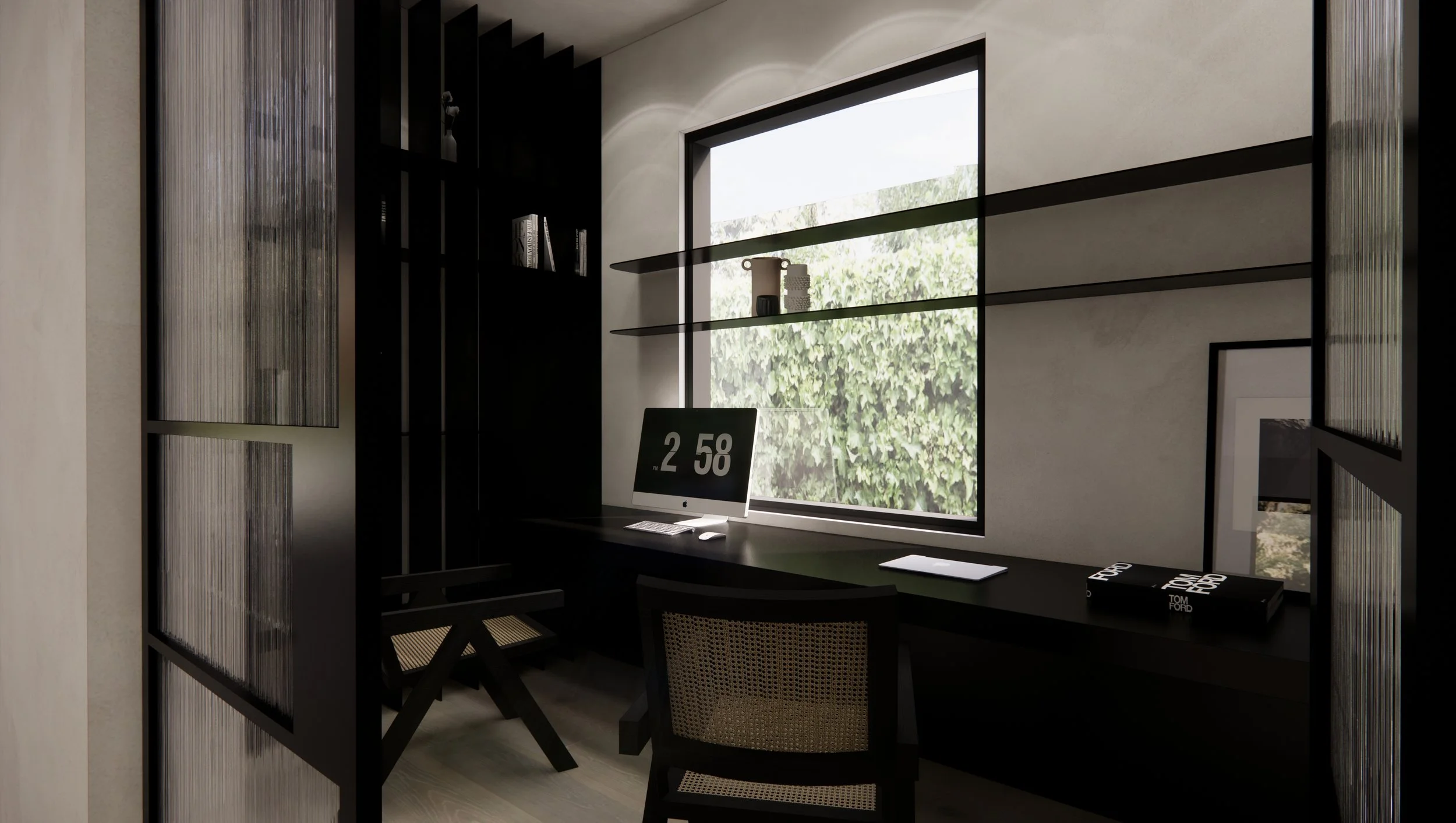 Black timber home office with textural glass door and natural light