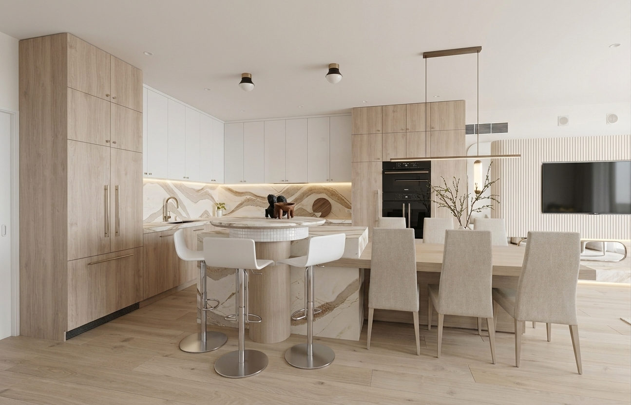 Modern kitchen, stone island with timber dinging table and bar, condo remodel in Miami, designed by TID Studio 