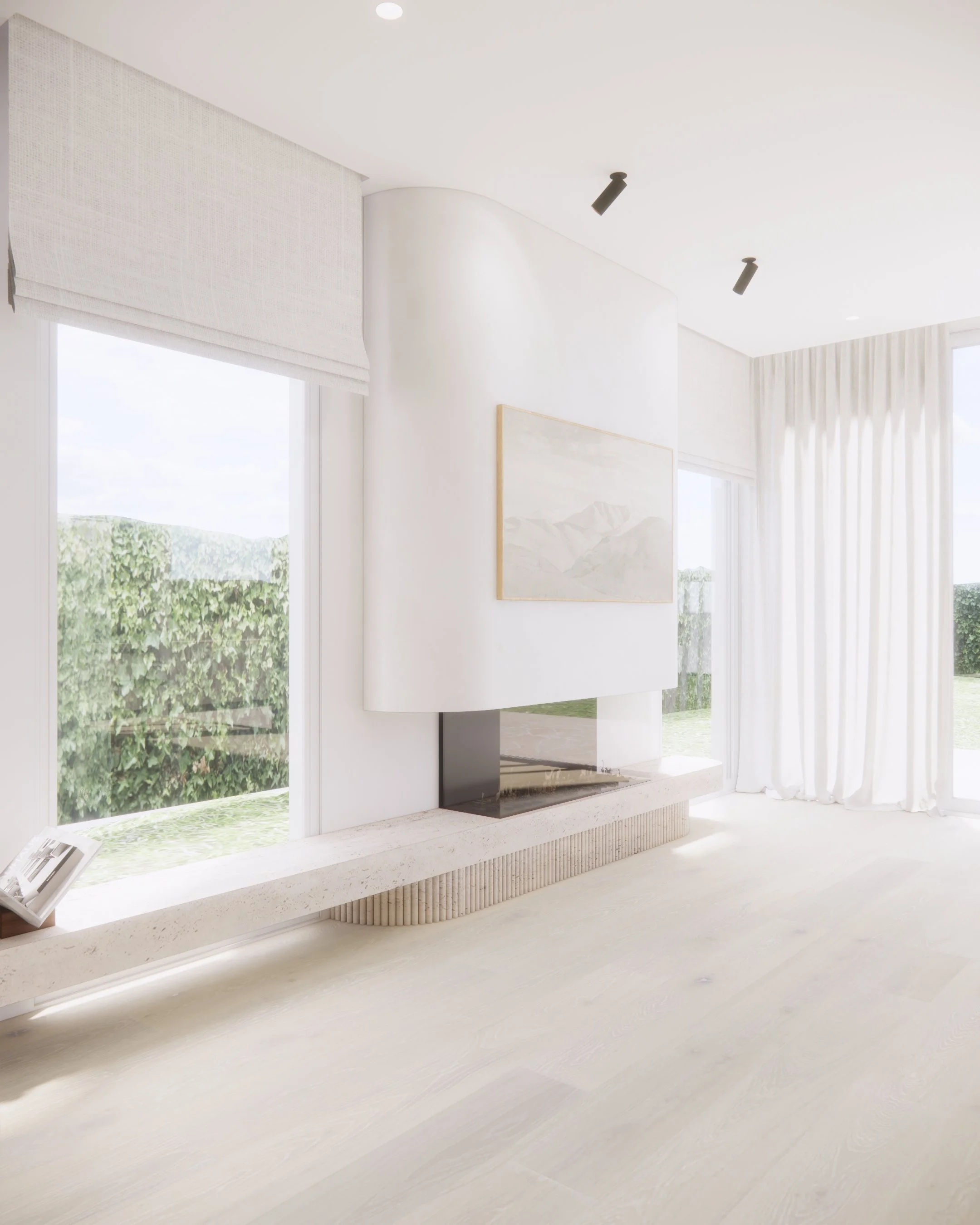 Minimal living room featuring a sculpted plaster fireplace, long stone hearth, and sheer curtains.