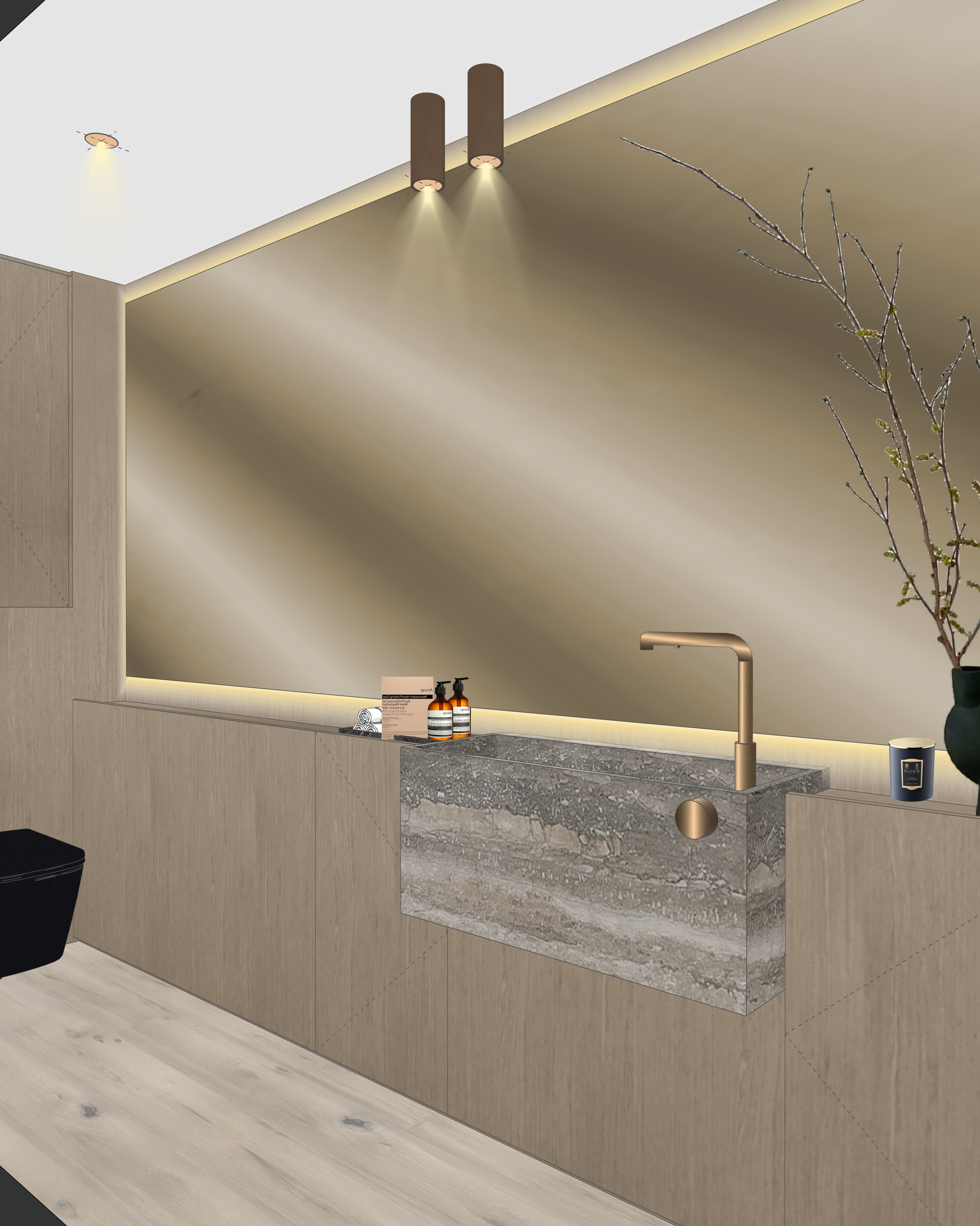 Bathroom with dark marble feature wall, floating vanity, and warm brass accents