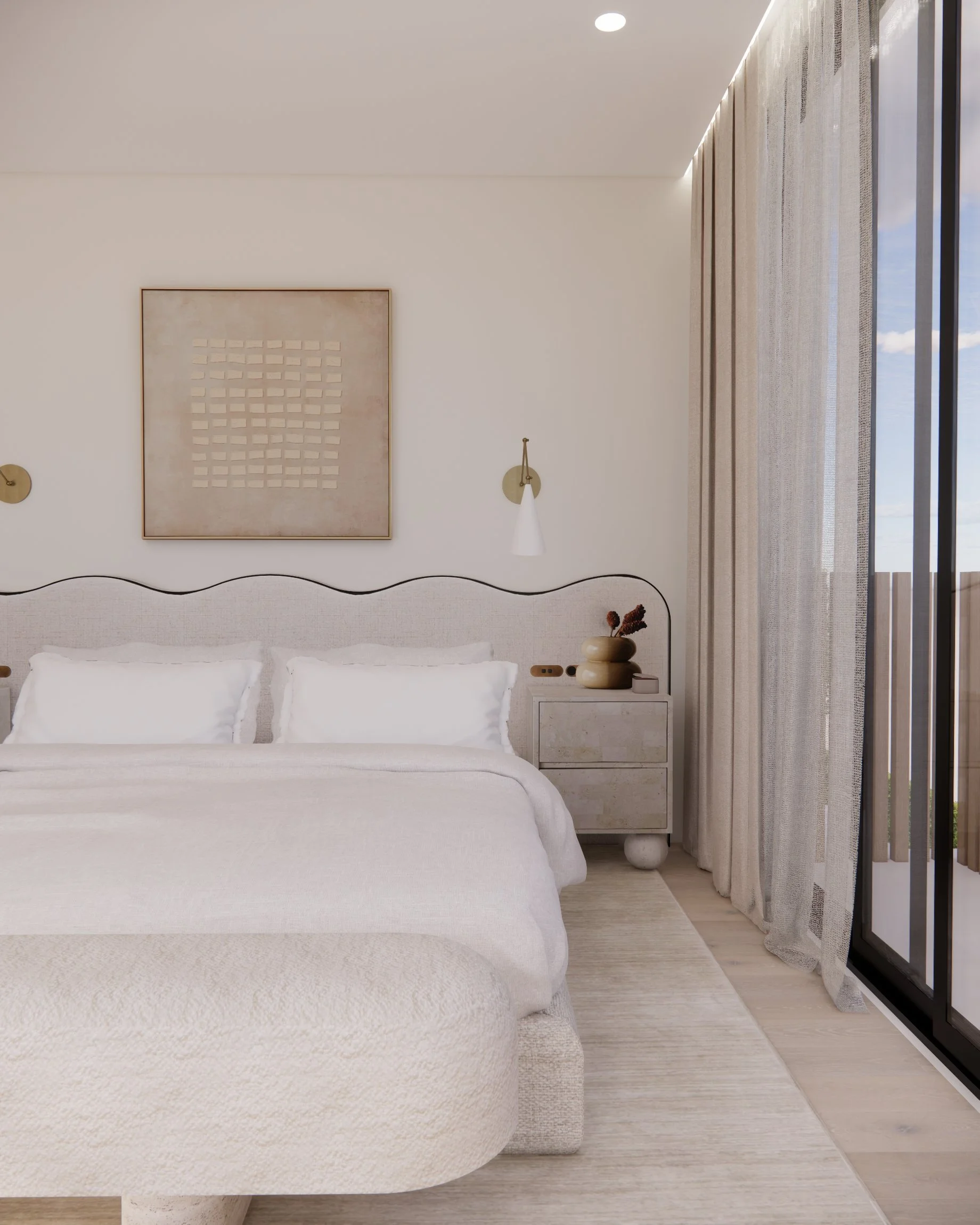 Soft neutral primary bedroom with custom curved headboard, sheer drapery, and warm minimal styling designed by TID Studio in Sydney