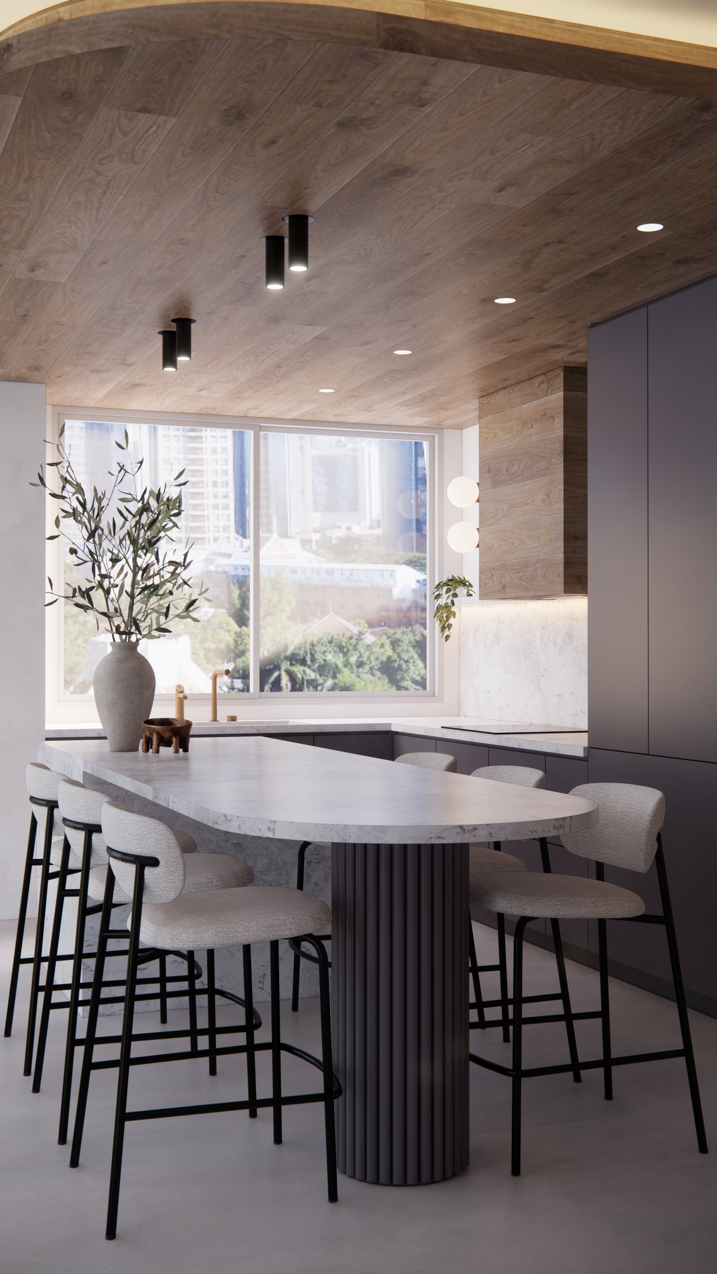 Fluted island leg detail with natural stone benchtop in contemporary coastal kitchen