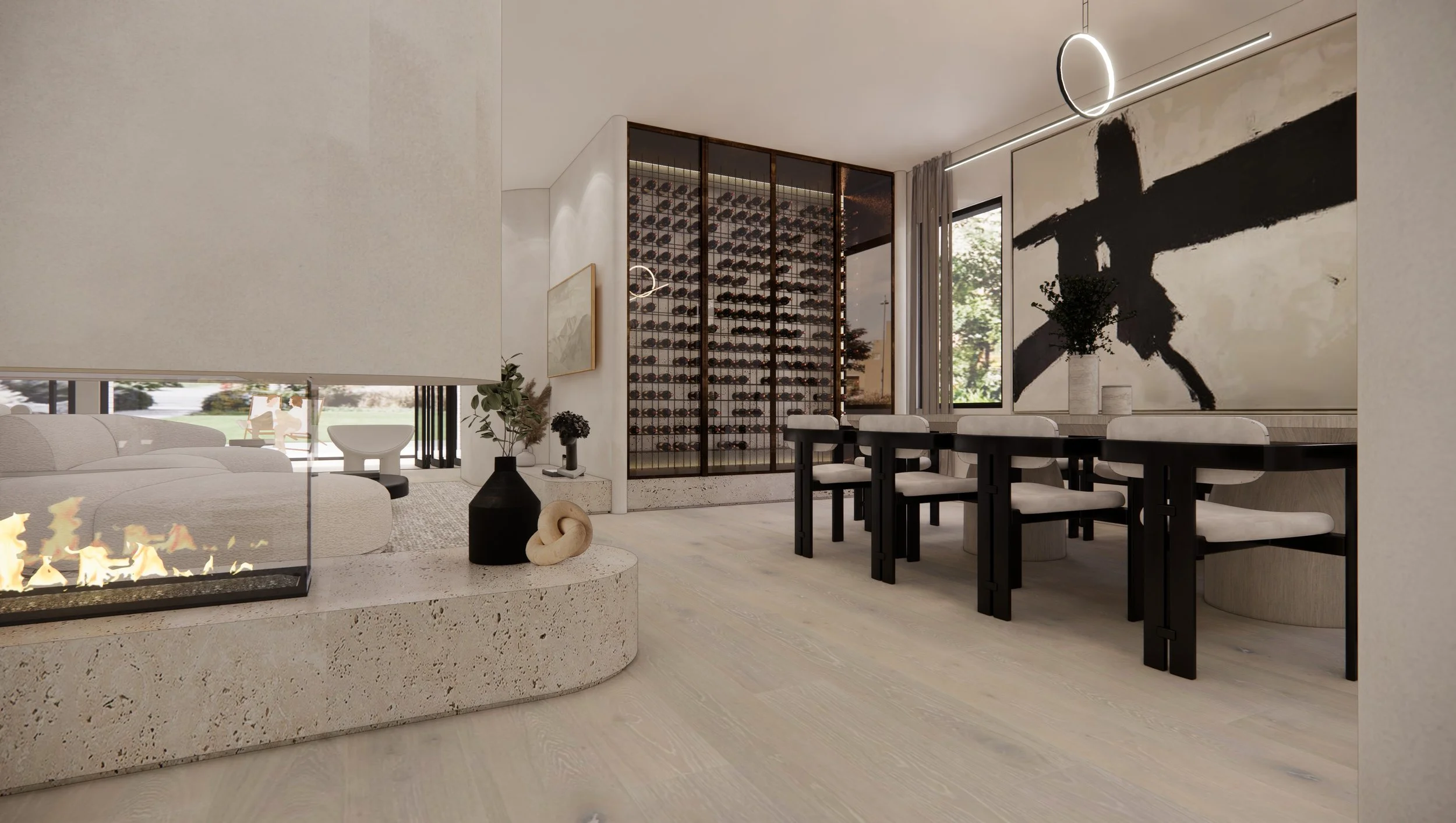Backlit wine display with bronze framing and travertine details