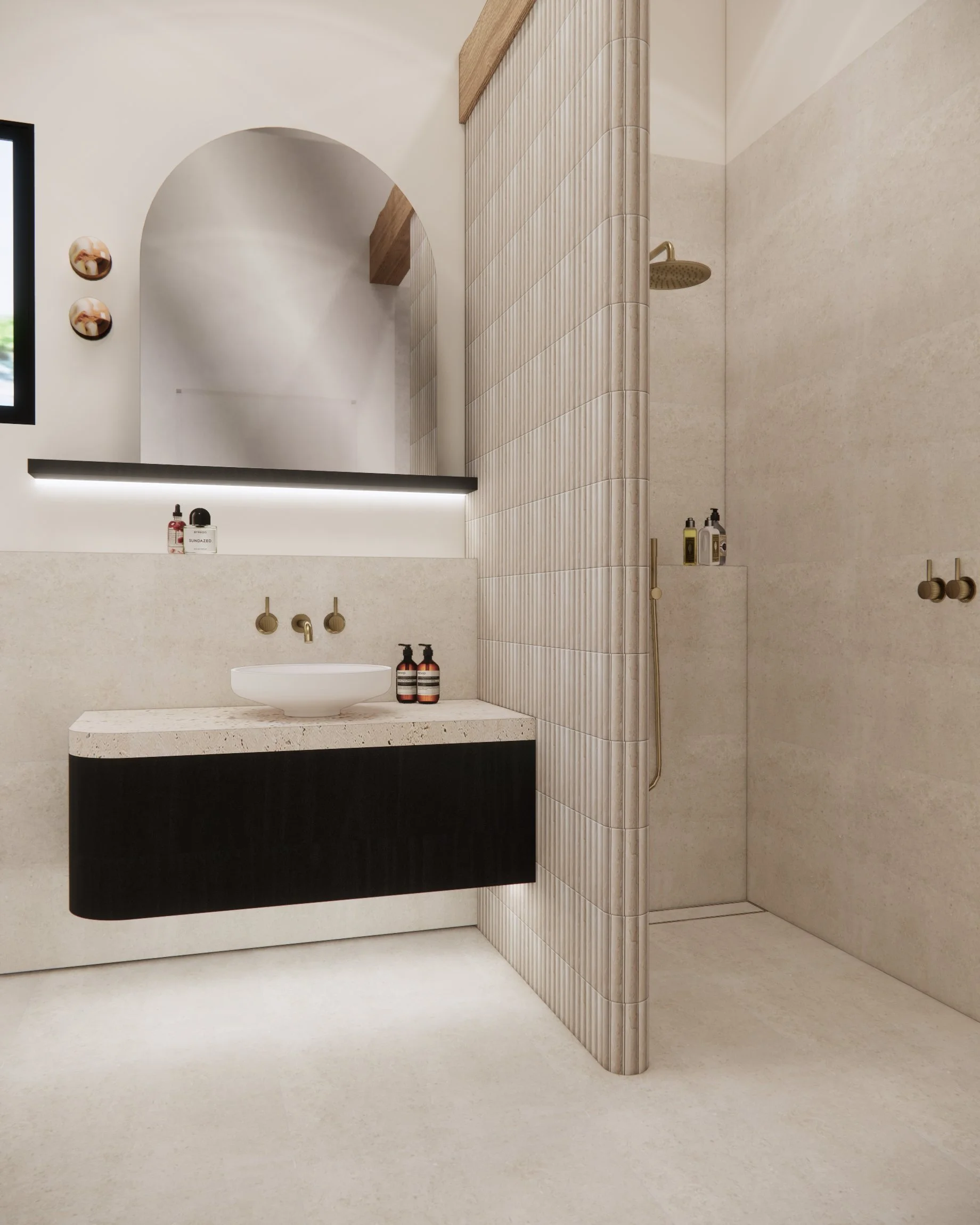 Soft neutral pool house with custom curved backlit bar and island with integrated banquette, modular sofa with fireplace anchored by stone benchseat on the sides, and warm minimal styling designed by TID Studio in Sydney