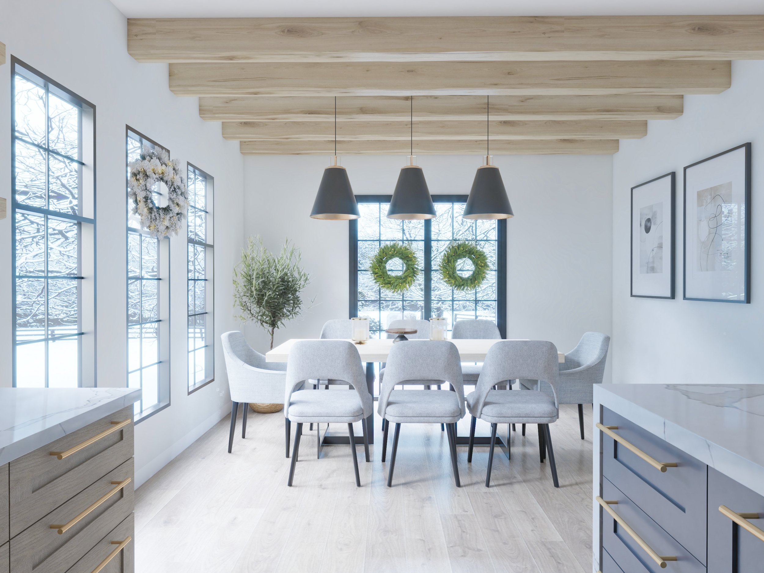 Bright dining area with grey chairs, timber beams, and grid windows overlooking winter landscape