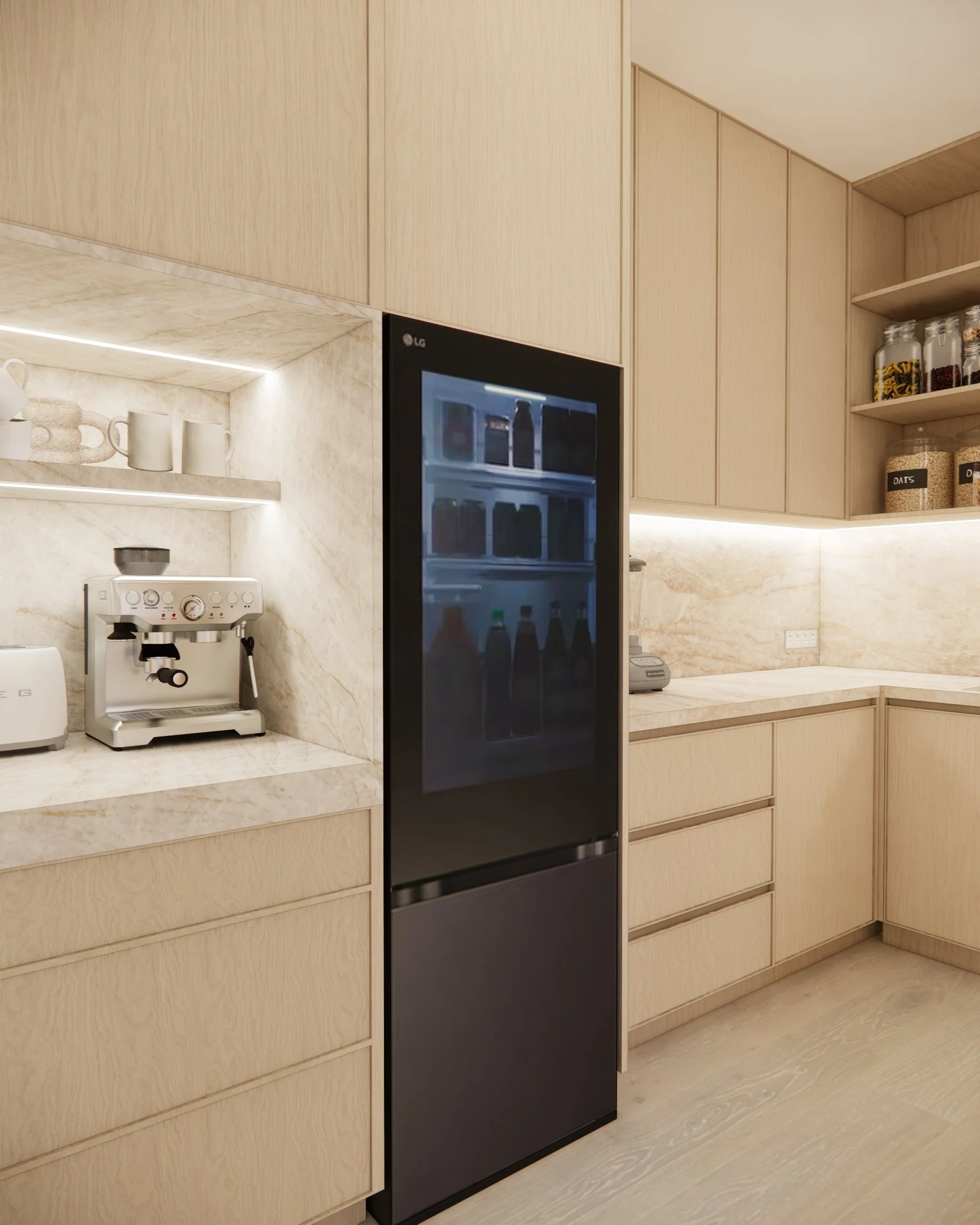 Contemporary kitchen with arched walk-in pantry and custom joinery