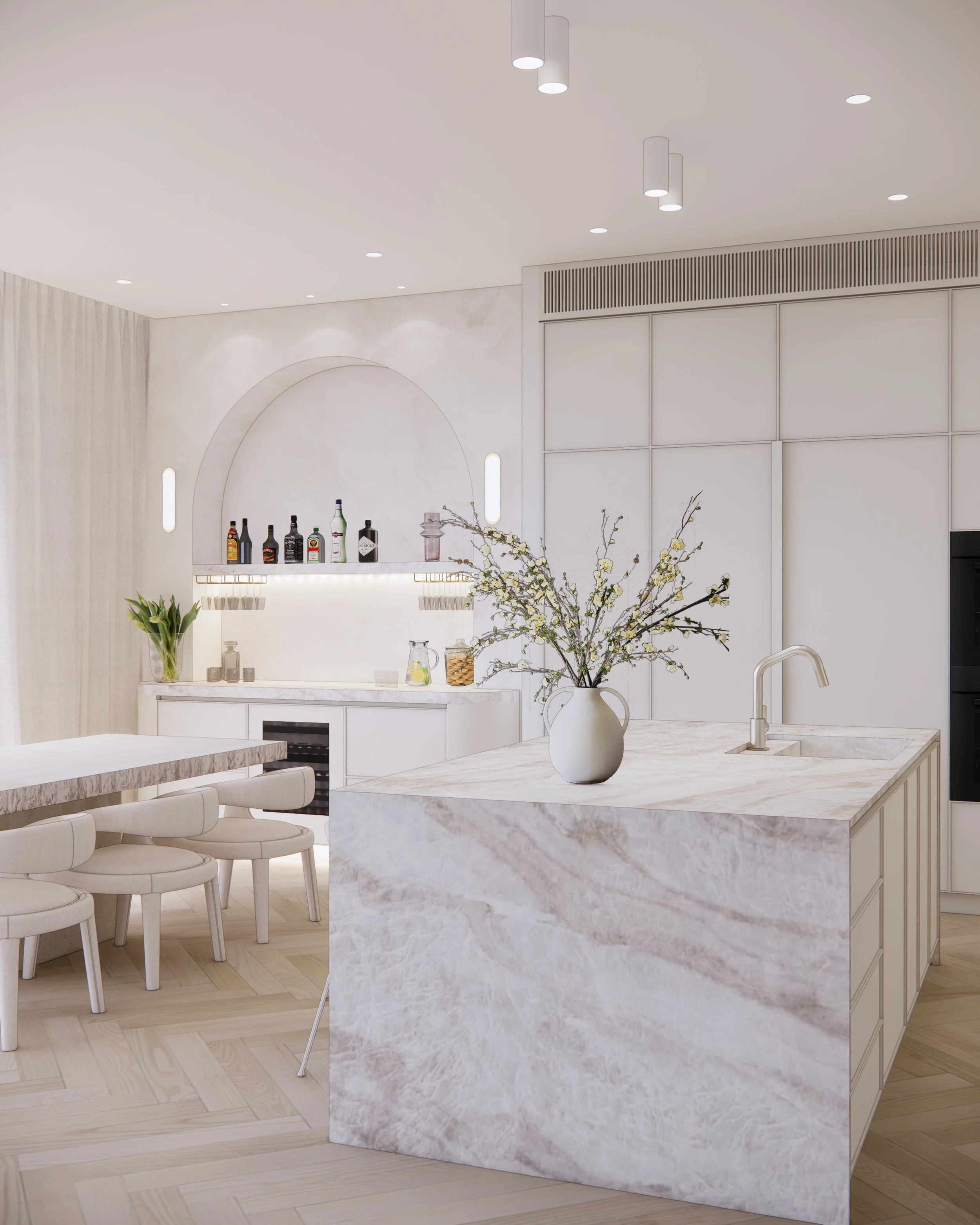 Minimal luxe Melbourne kitchen with stone island and full-height cabinetry by TID Studio