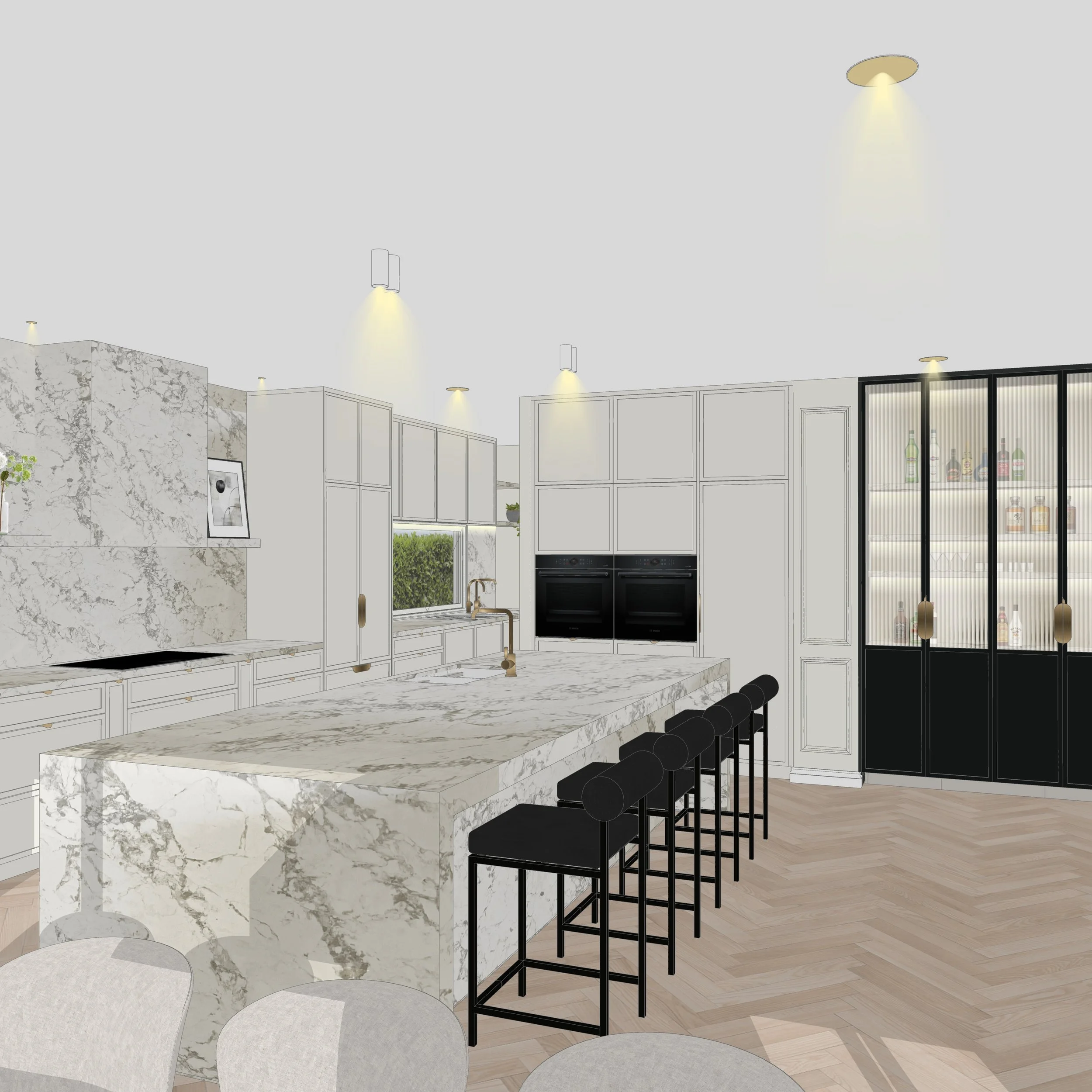 Stone splashback and integrated shelf in Parisian-inspired Melbourne kitchen