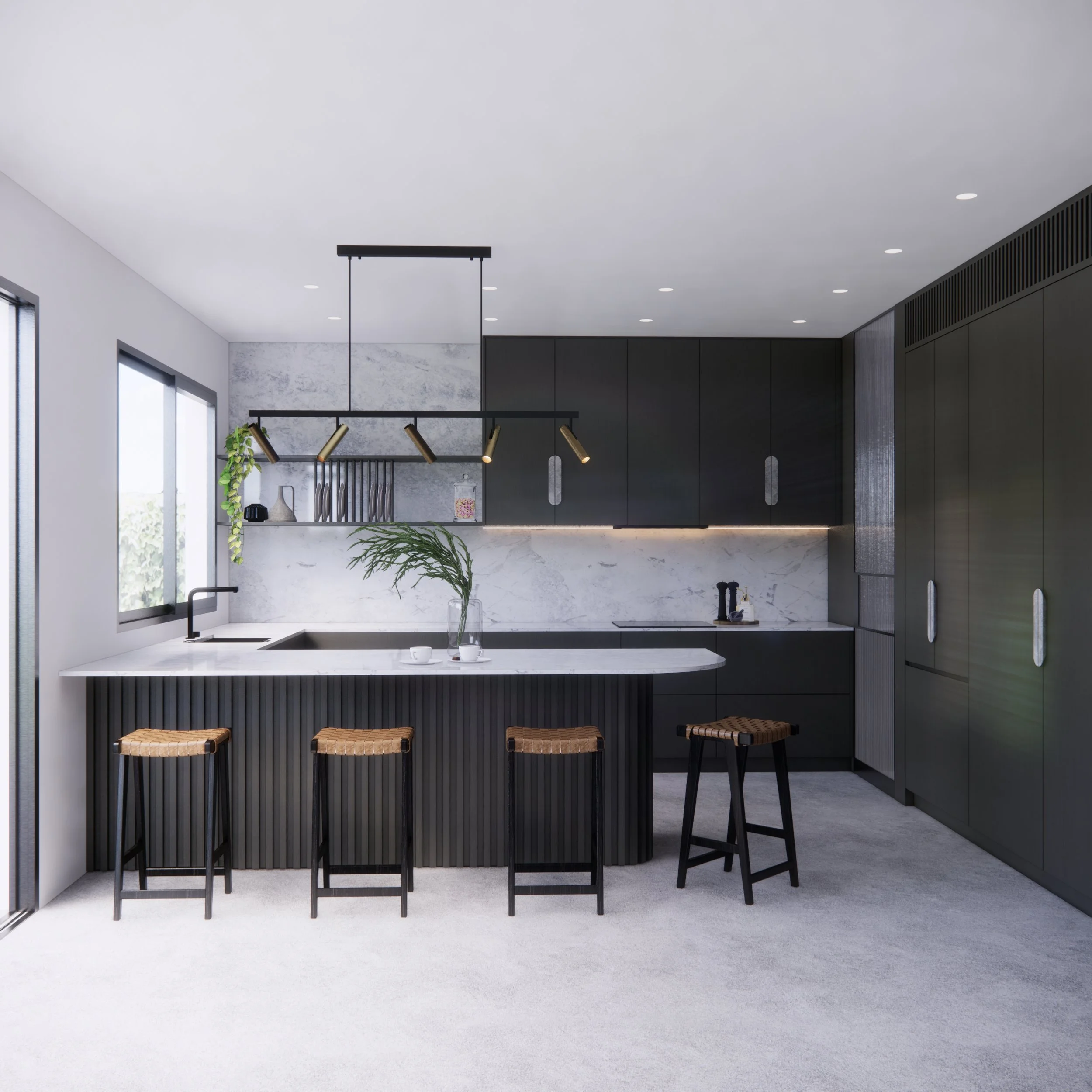 Dark contemporary kitchen with fluted island and marble benchtop in Hope Island home