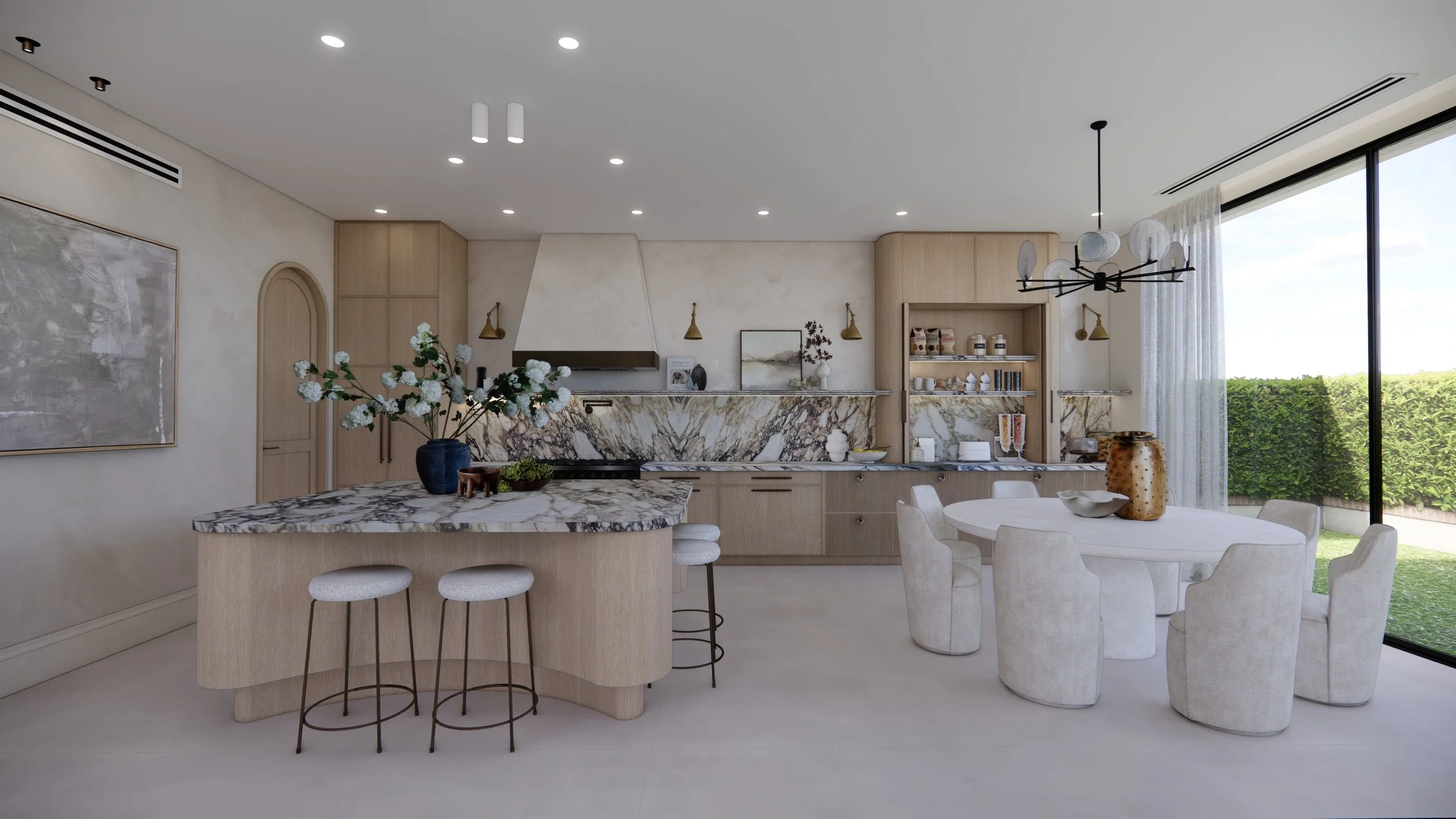 Light-filled kitchen and dining area featuring dramatic marble splashback and sculptural dining chairs in a Sydney new-build