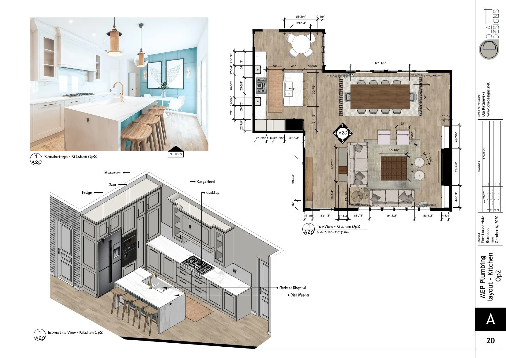 Hamptons-style open plan living room and kitchen, designed by TID Studio in Florida. Example Interiors Drawings Set