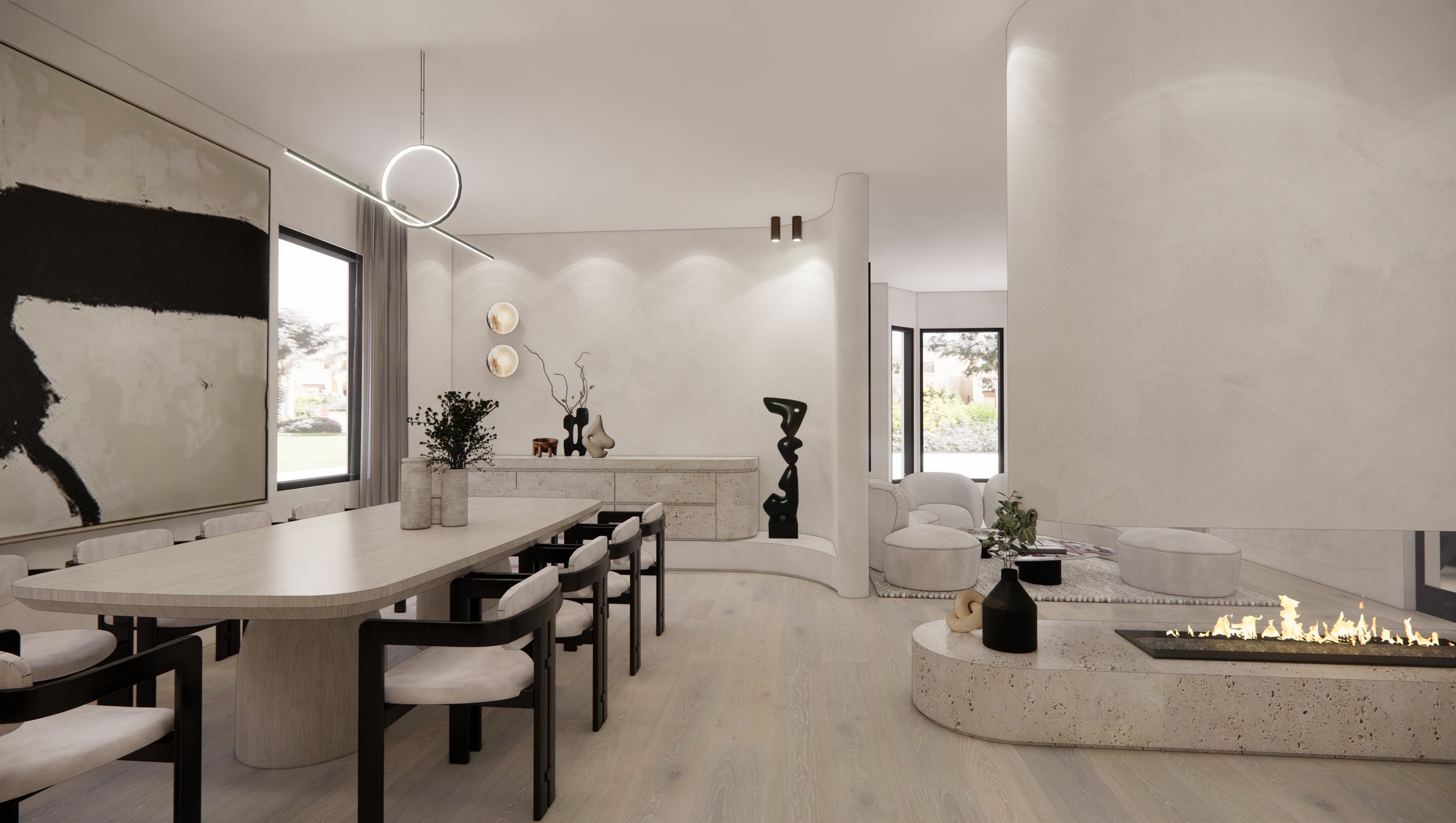 Modern Wabi-Sabi dining room with sculptural wine wall and soft neutral palette