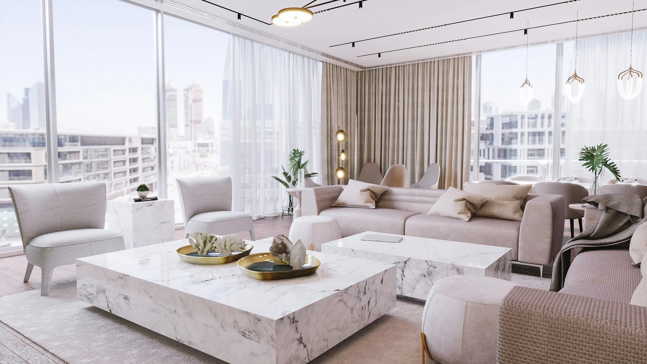 Bright living room with floor-to-ceiling windows, modern seating arrangement, and soft neutral palette