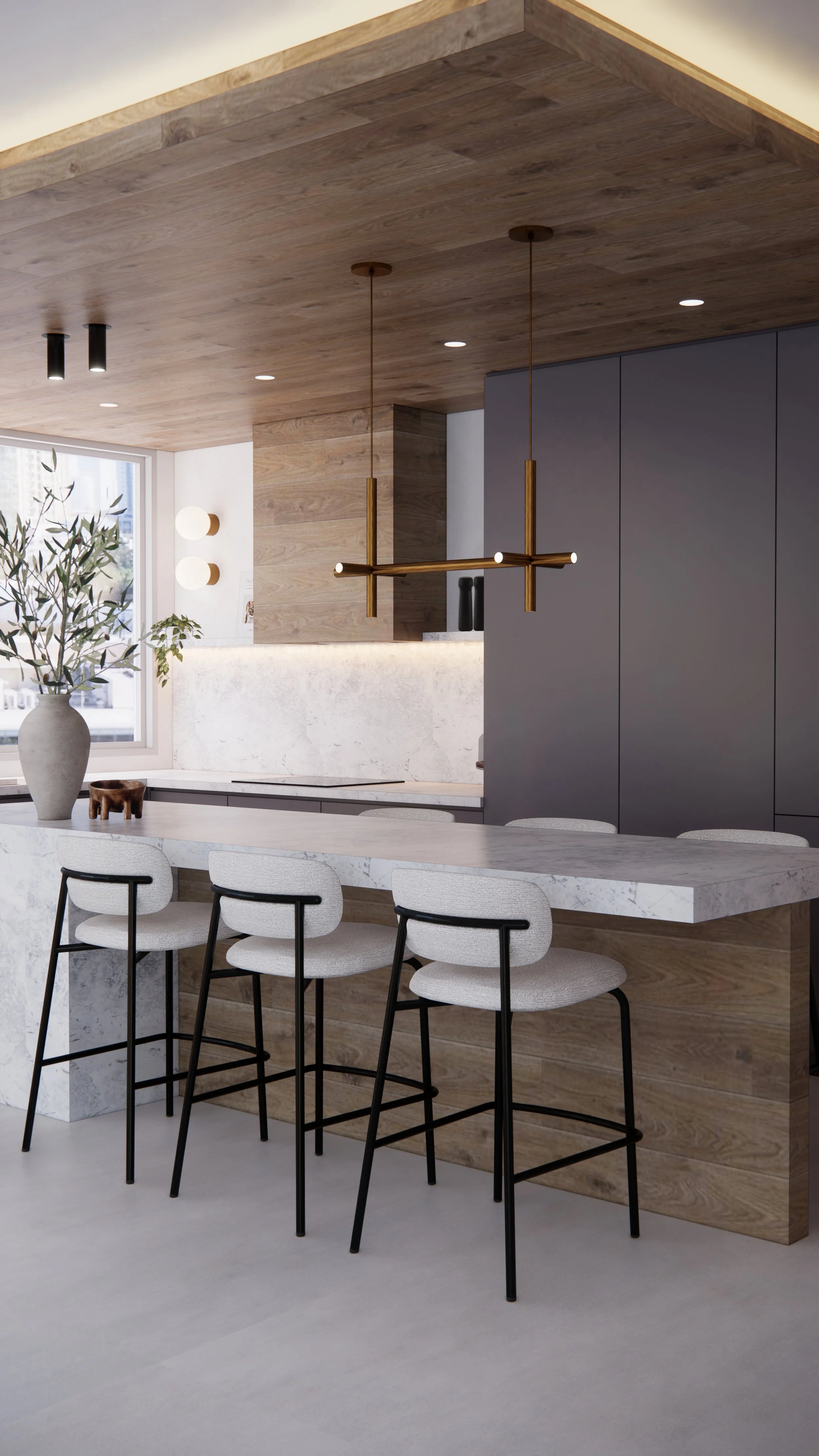 Kitchen renovation with warm timber ceiling planks and integrated rangehood in a Gold Coast apartment