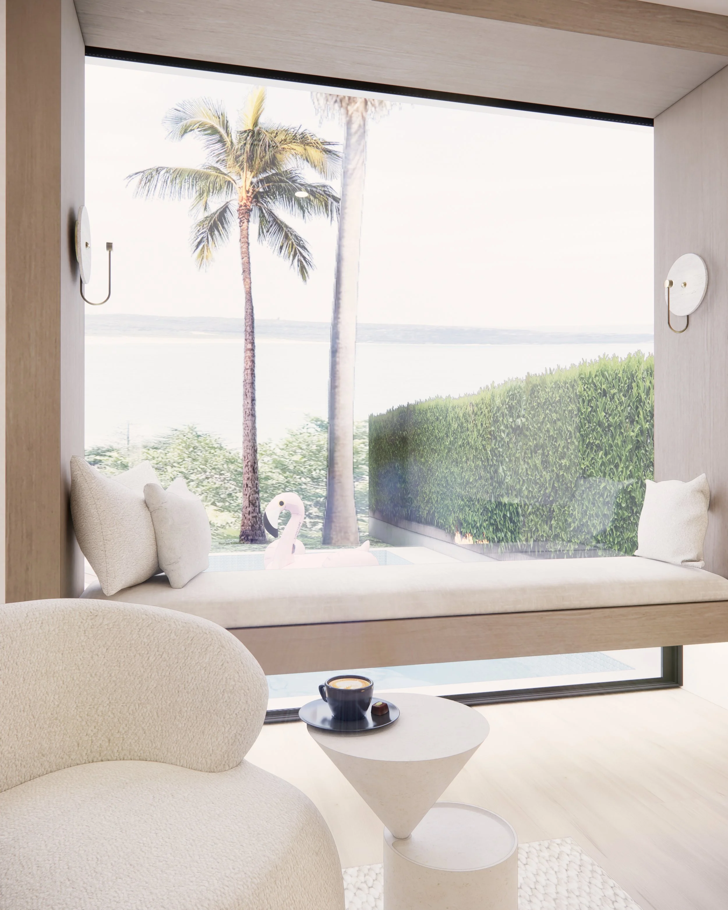 Neutral window seat framed in timber with ocean view, soft boucle chair and sculptural side table