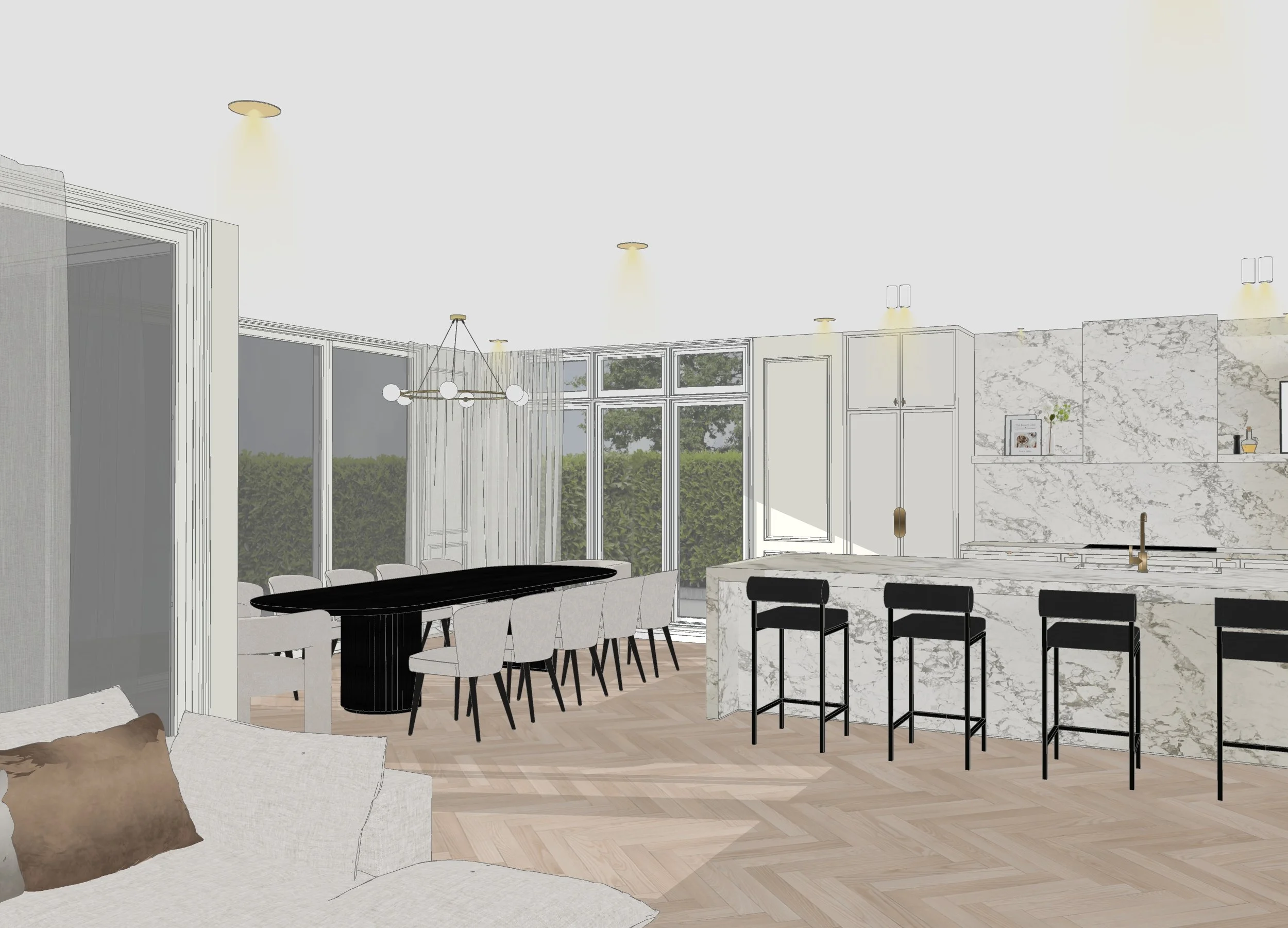 Modern Parisian-style kitchen with marble island and black bar stools in Melbourne new build