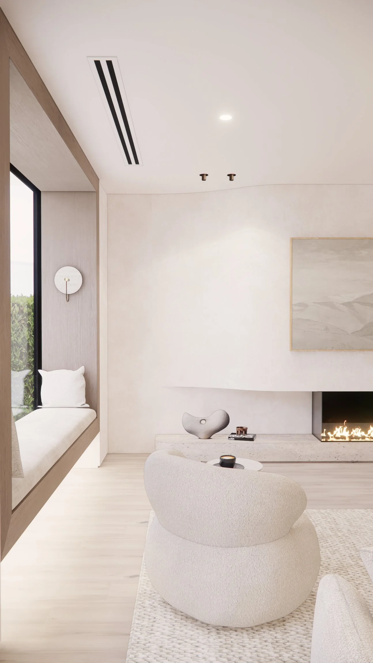 Contemporary coastal living room with curved fireplace, neutral textures, and large window seat overlooking the water — Sydney interior design by TID Studio