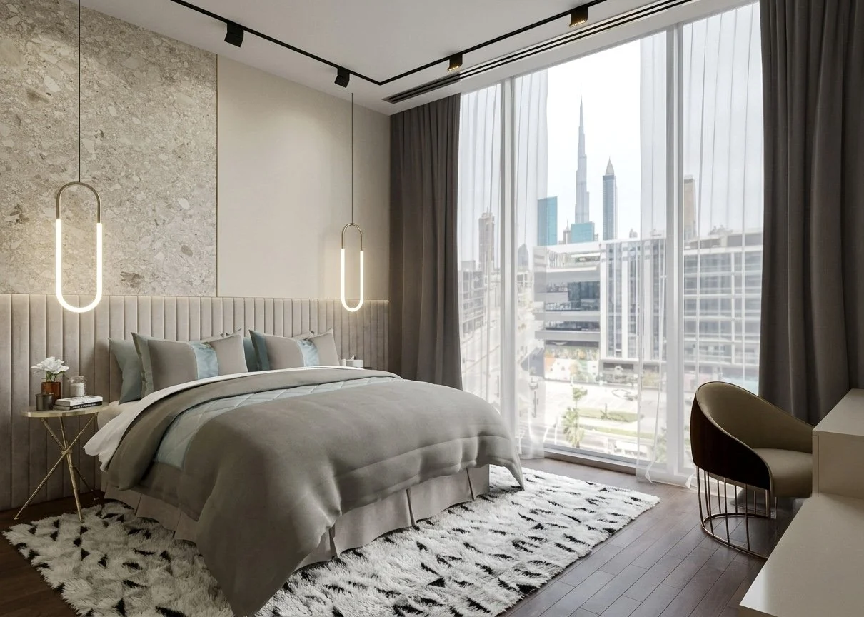 Master bedroom with textured stone feature wall, pendant lights, and Burj Khalifa views