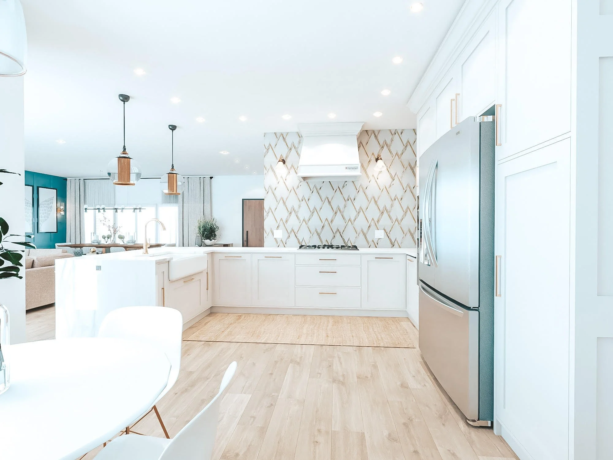 White Hamptons kitchen with shaker cabinetry and coastal pendant lighting