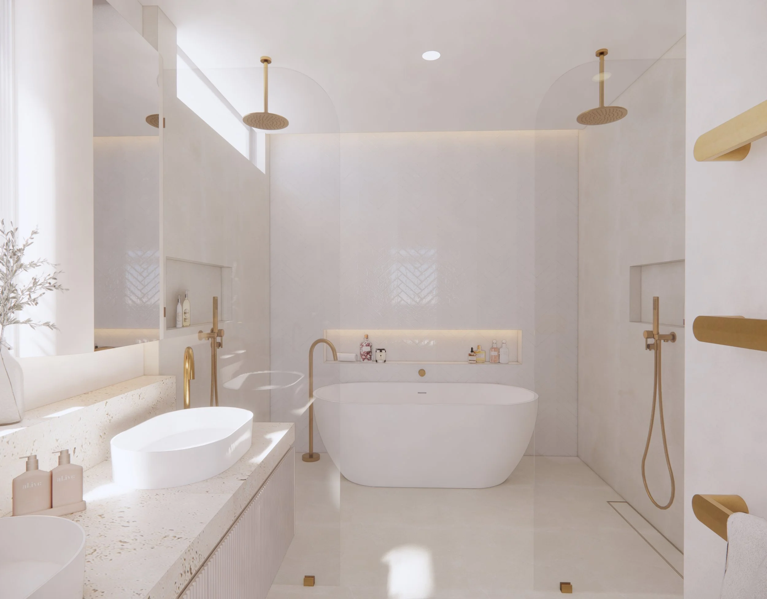 Modern master bathroom featuring curved vanity, travertine textures and brushed brass fixtures — Auriga Residence by TID Studio, Brisbane