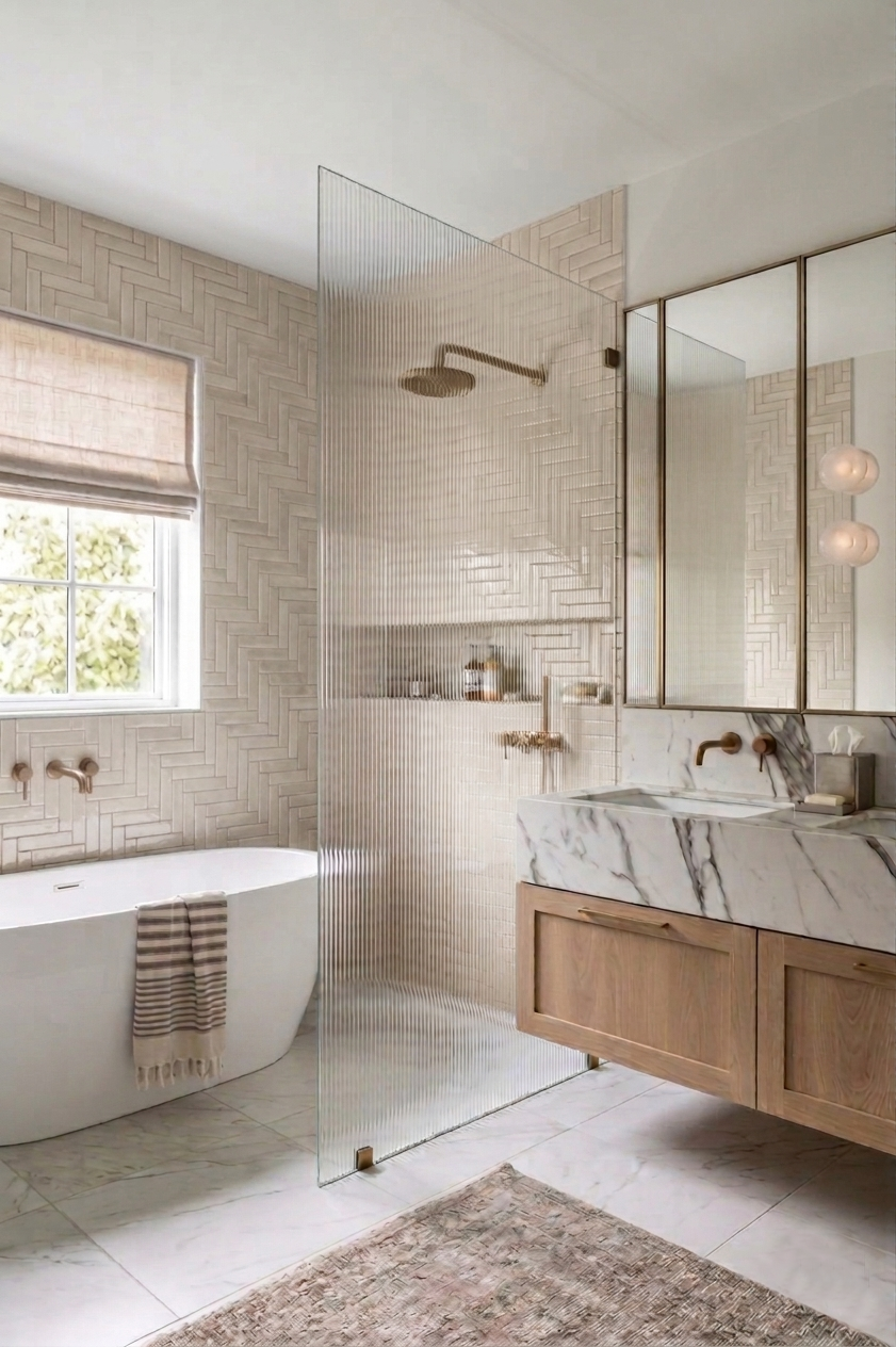 Double bathroom vanity with natural stone benchtop and brushed brass tapware in a contemporary Brisbane home