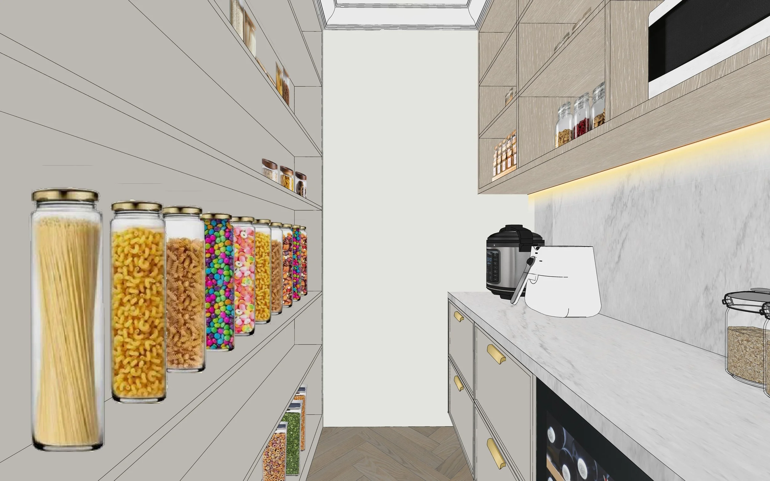 Pantry render with open shelving, stone benchtops and warm LED strip lighting