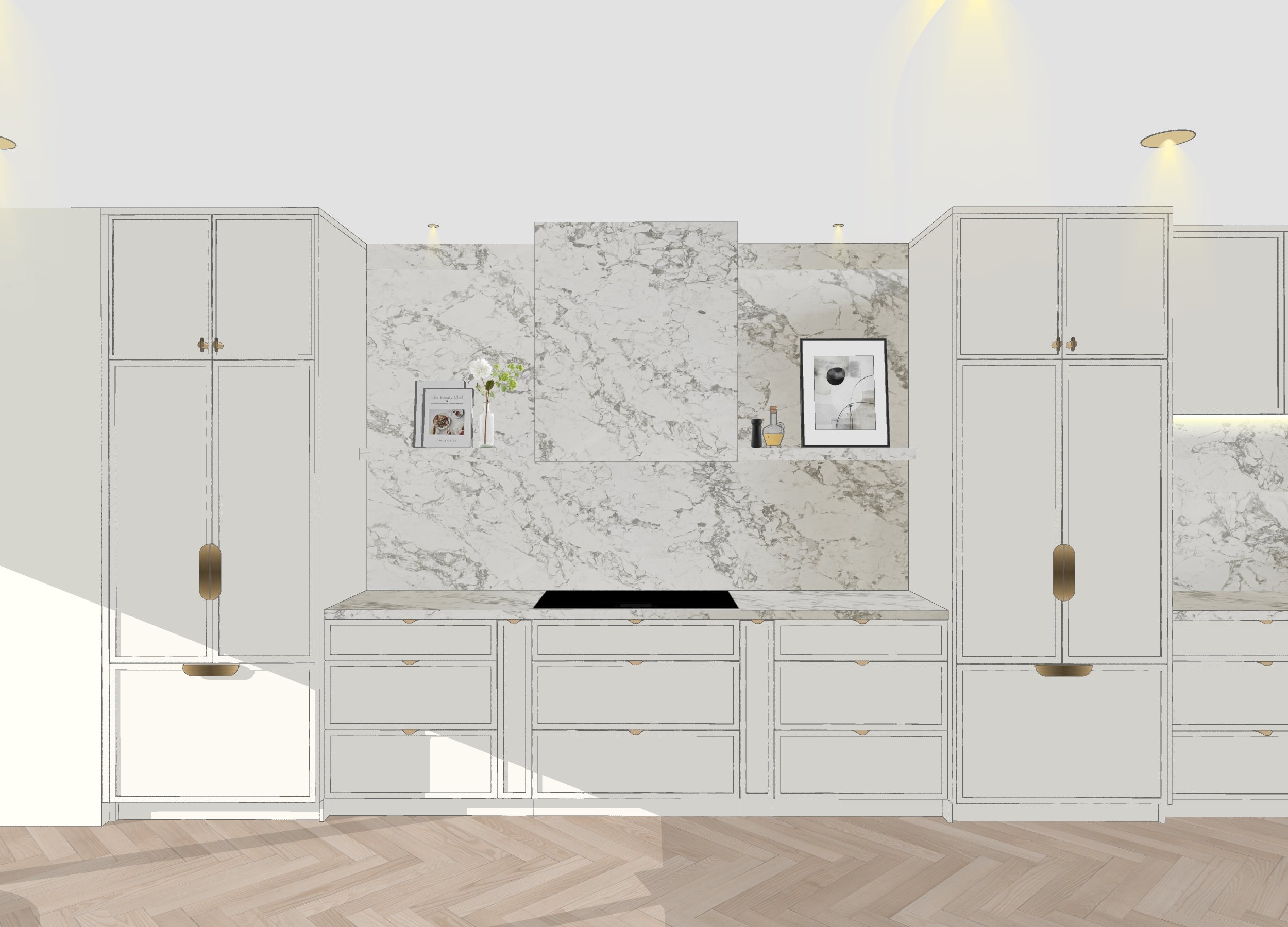 Close-up of fluted kitchen island with stone benchtop designed by TID Studio