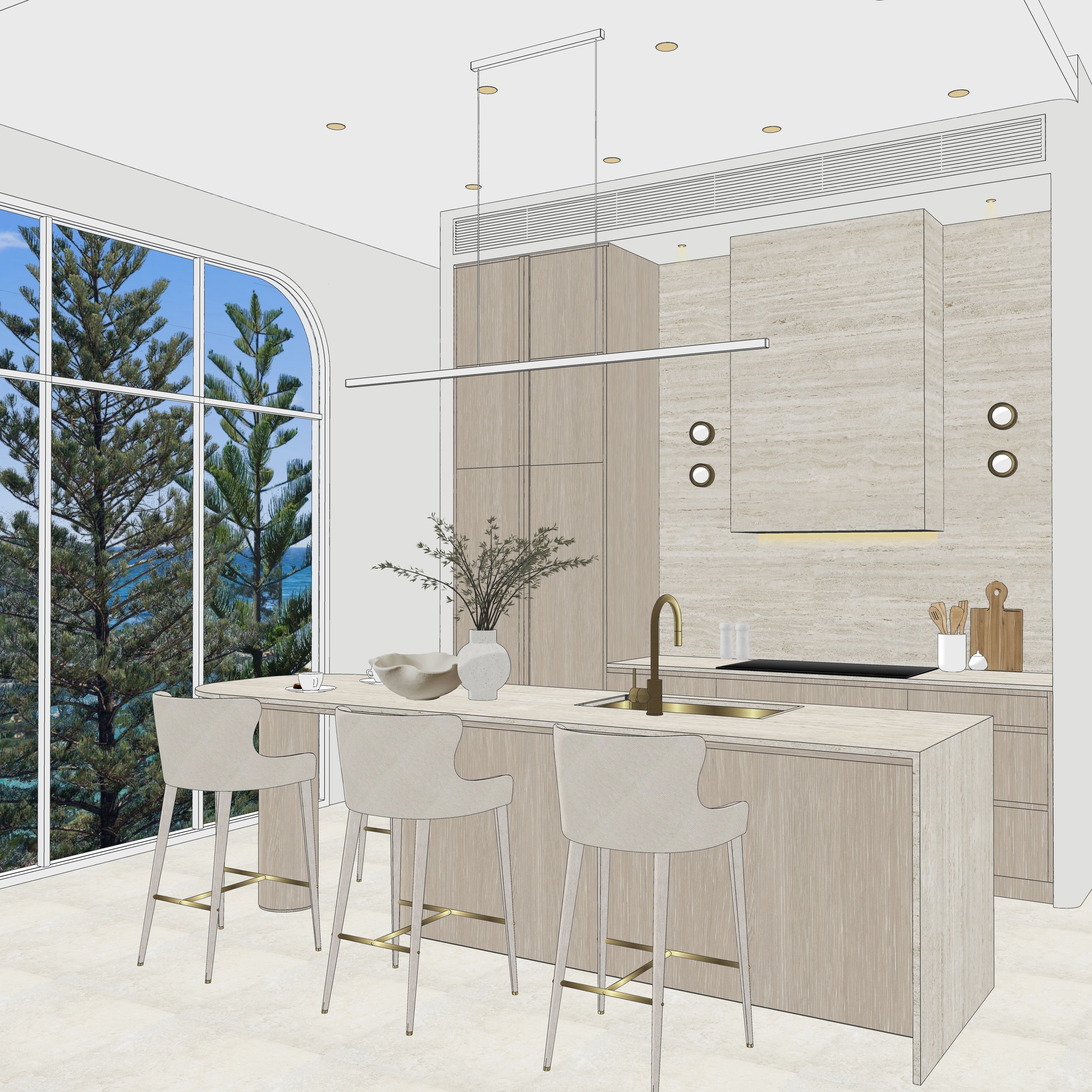 Open-view coastal kitchen with curved island, neutral stone and built-in timber cabinetry