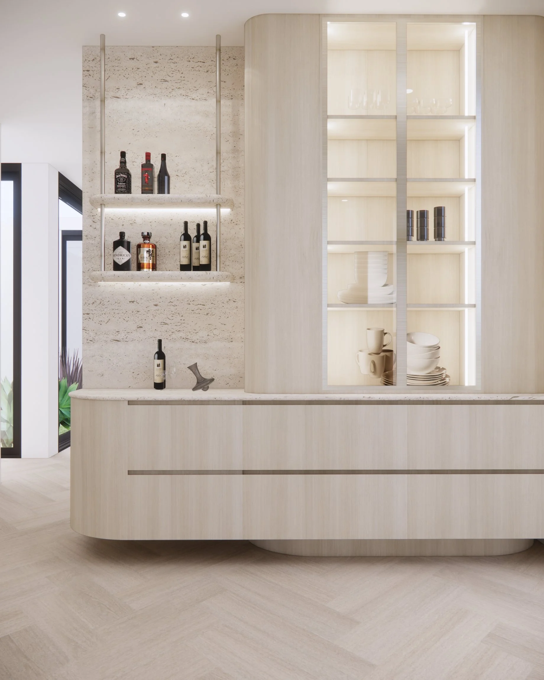 Minimal luxe bar area with textured stone, open shelves, and soft ambient lighting in Sydney