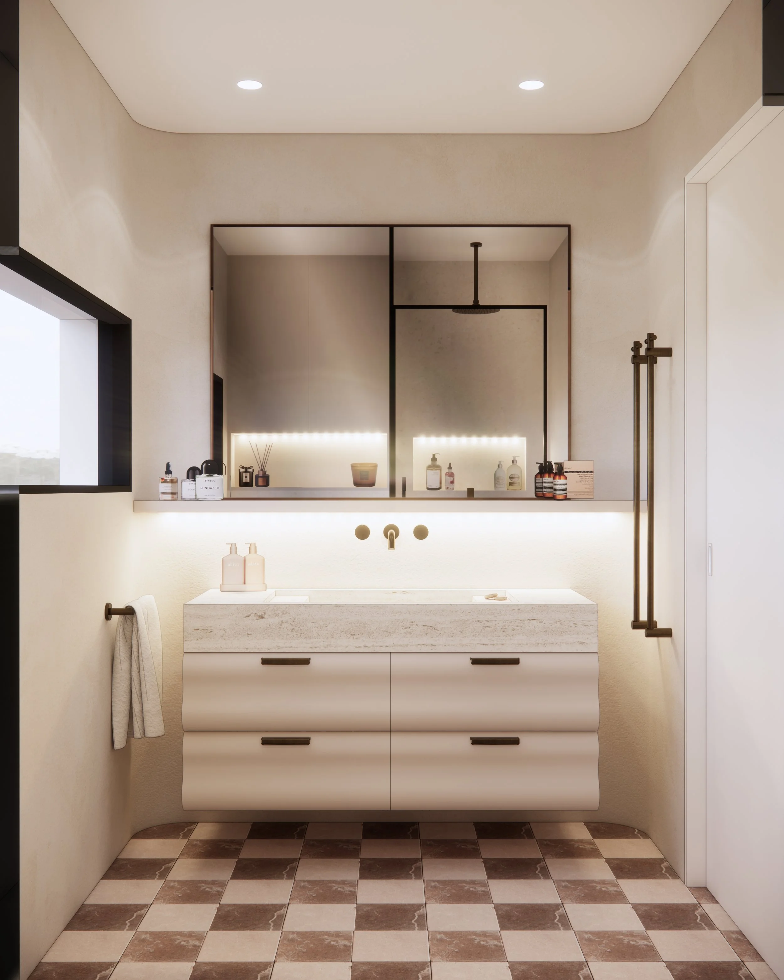 Master ensuite with scalloped vanity and soft neutral palette designed by TID Studio