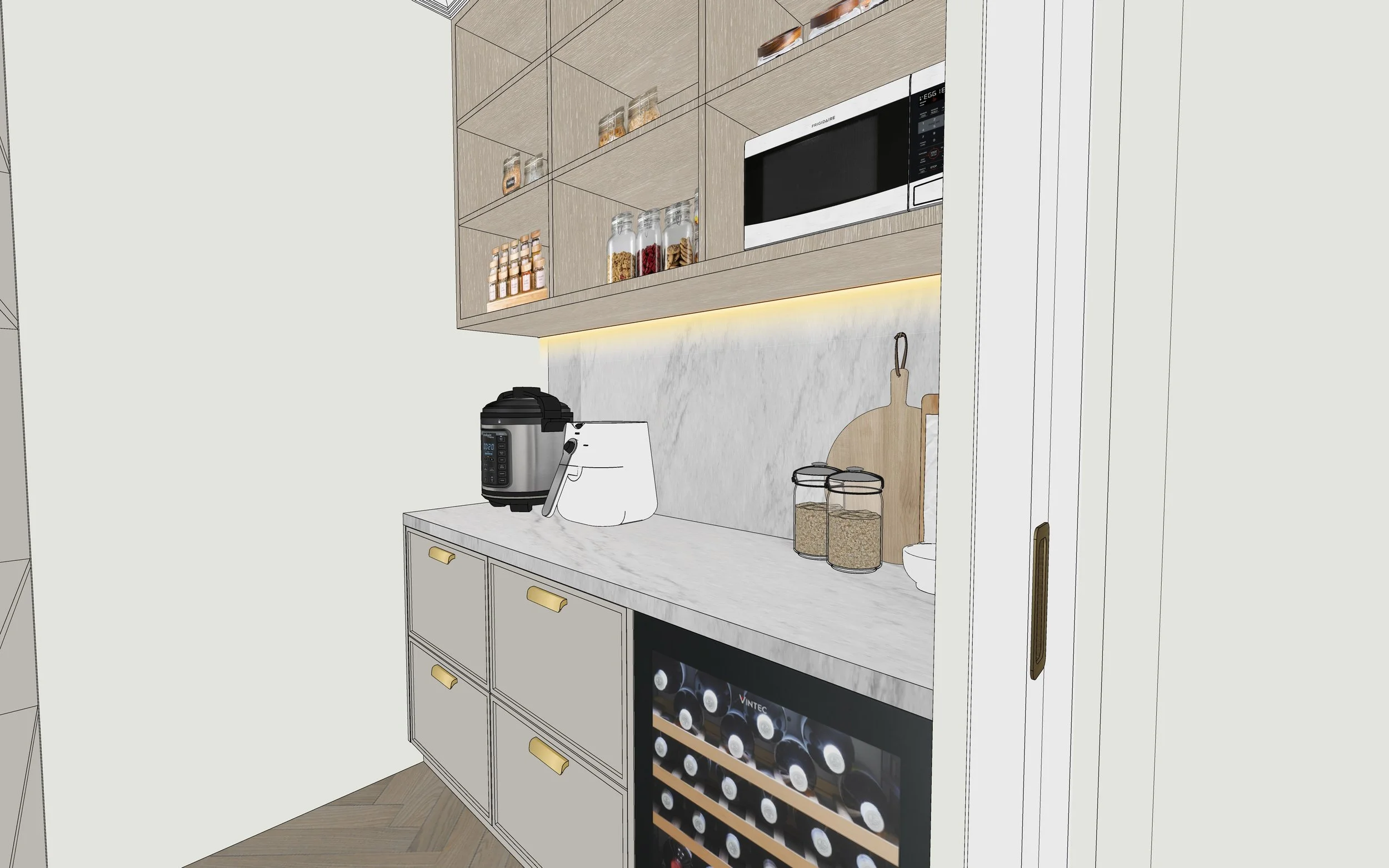 Pantry render with open shelving, stone benchtops and warm LED strip lighting