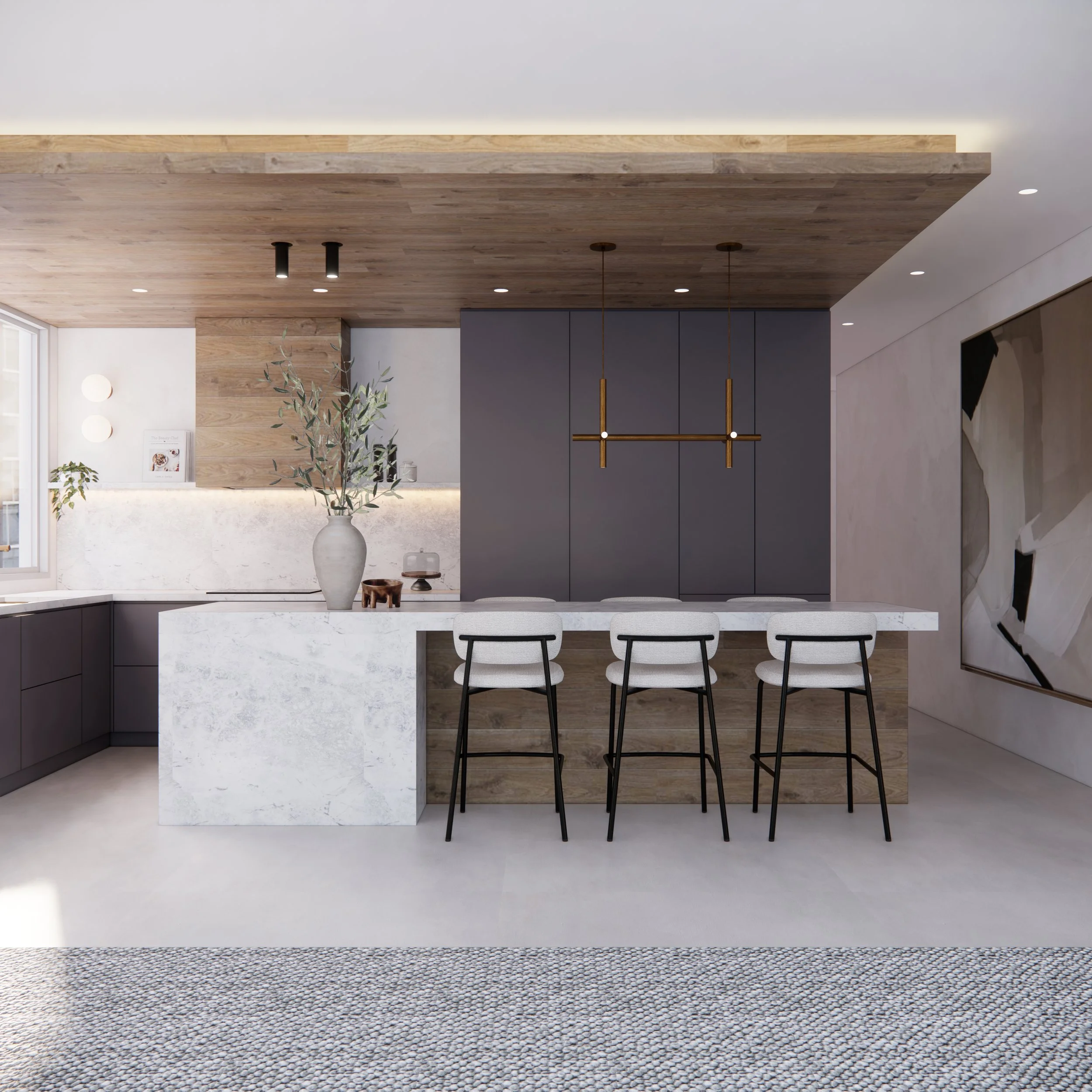 Kitchen renovation with warm timber ceiling planks and integrated rangehood in a Gold Coast apartment